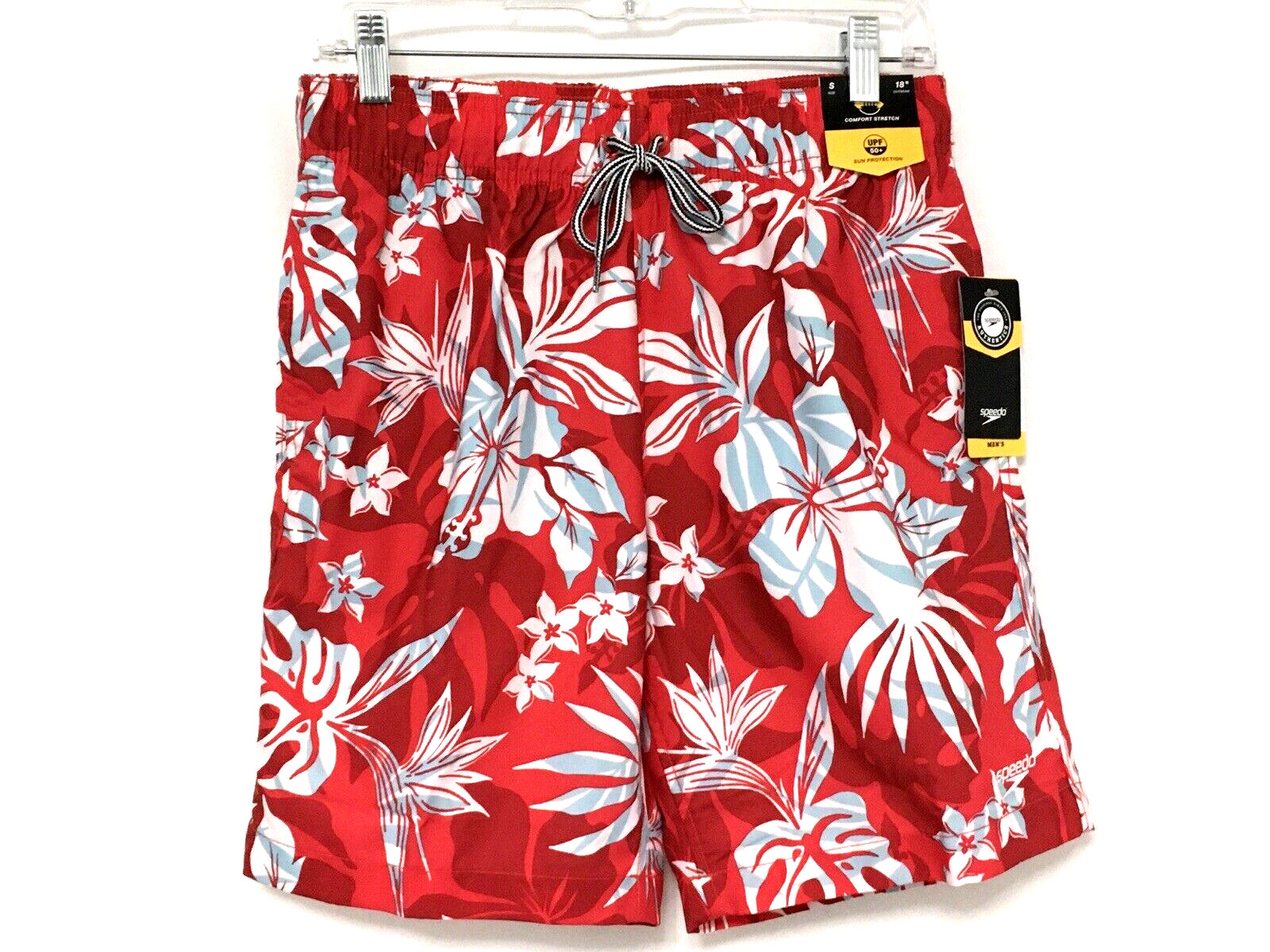 Speedo Mens Size S Red Tropical Print Lined Bottoms Comfort Stretch Swim Trunks