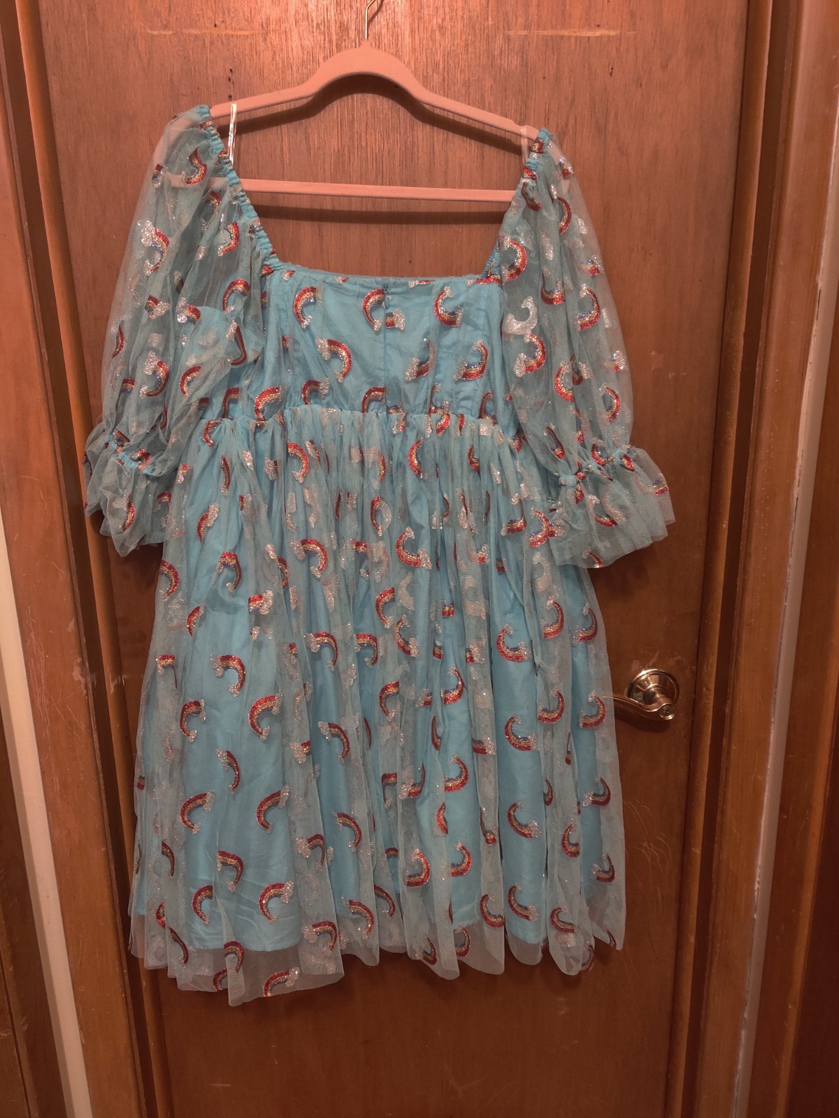 Unique Vintage Rainbow Puff Sleeve Dress Powder Blue