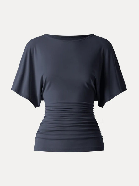NEW OGL Effortless Boatneck Batwing Sleeve Side Ruched Top, Deep Navy