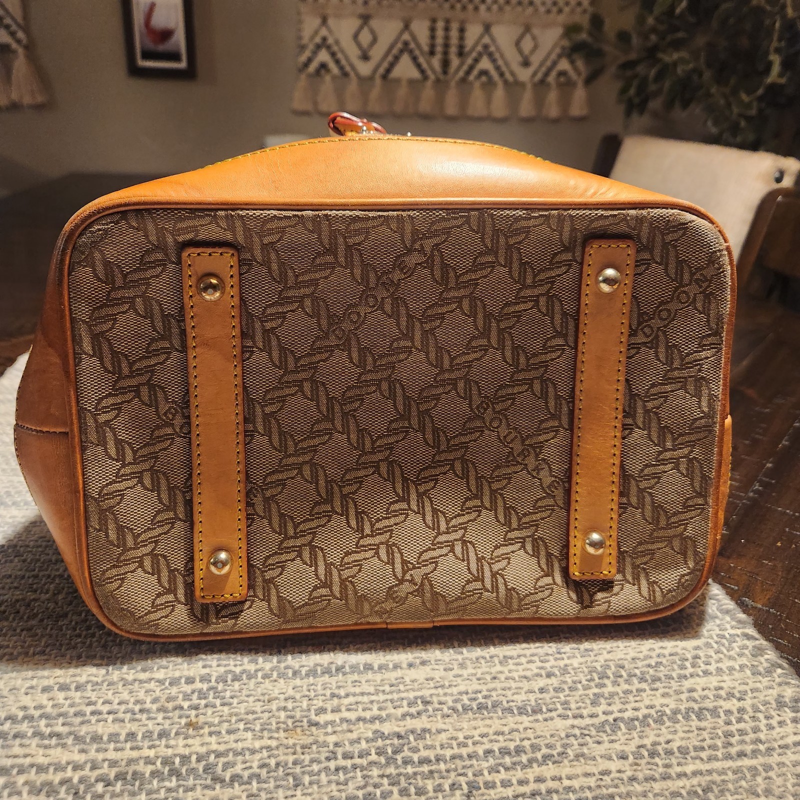 Dooney & Bourke Logo Bucket Drawstring Shoulder Bag Beige/Brown Gold Hardware