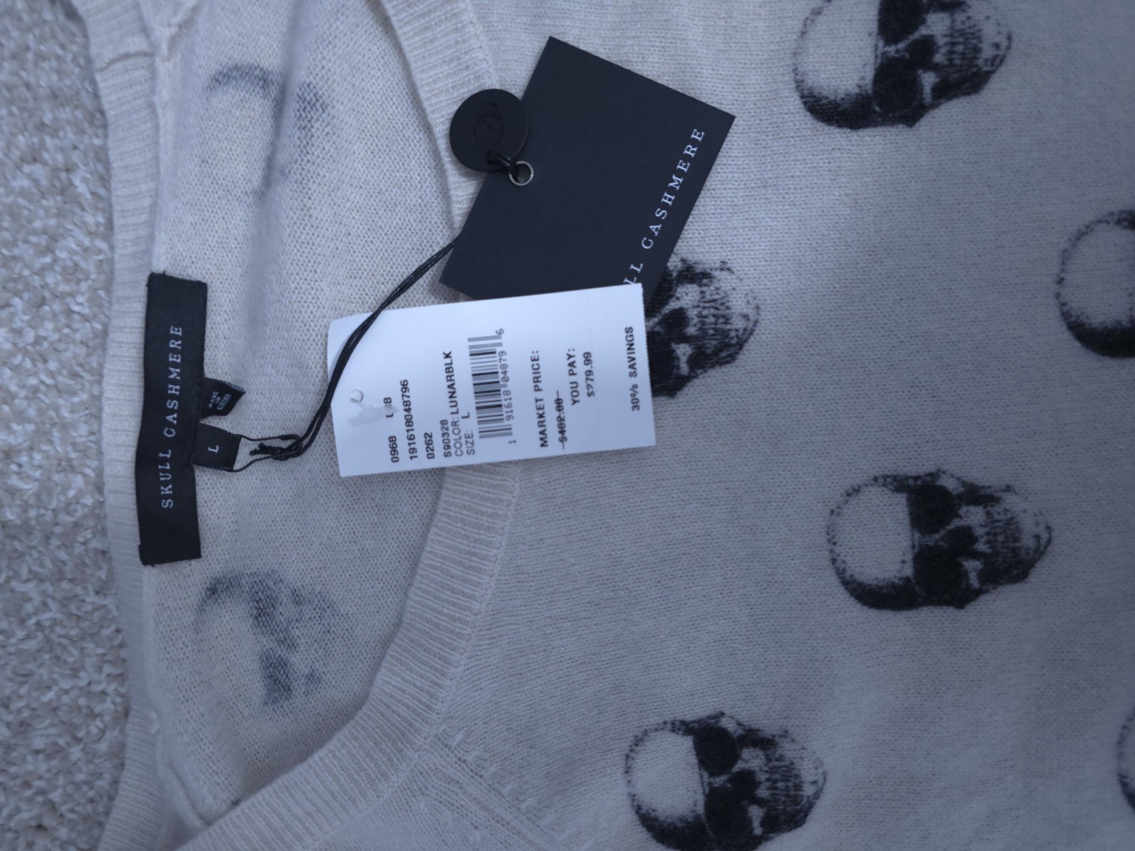 NWT 360 Cashmere/Skull Cashmere Size L Cashmere Beige/Navy Crewneck Sweater