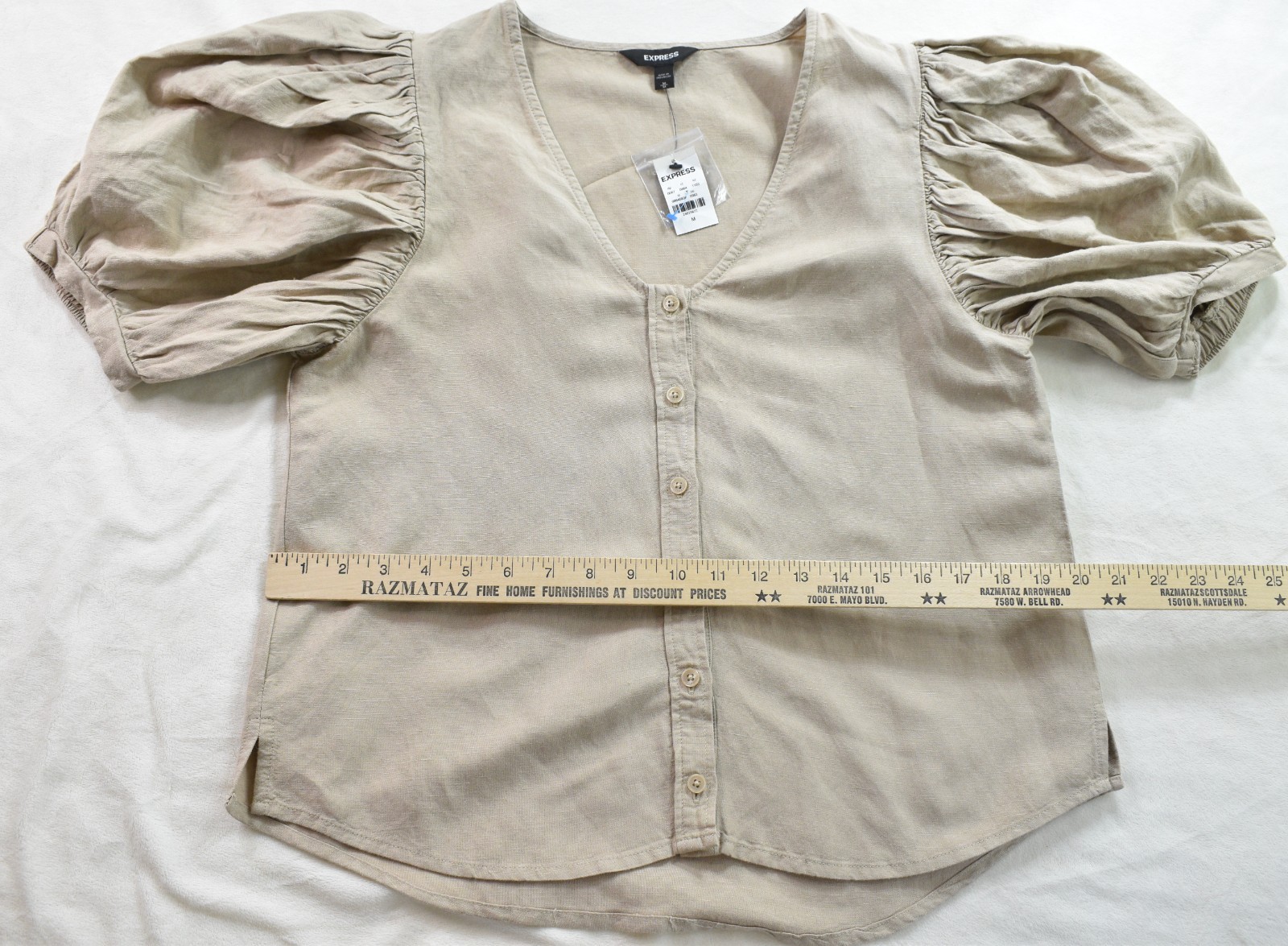 New Express Blouse Tan Linen Balloon Sleeve Shirt V Neck Button Top Boho Women M