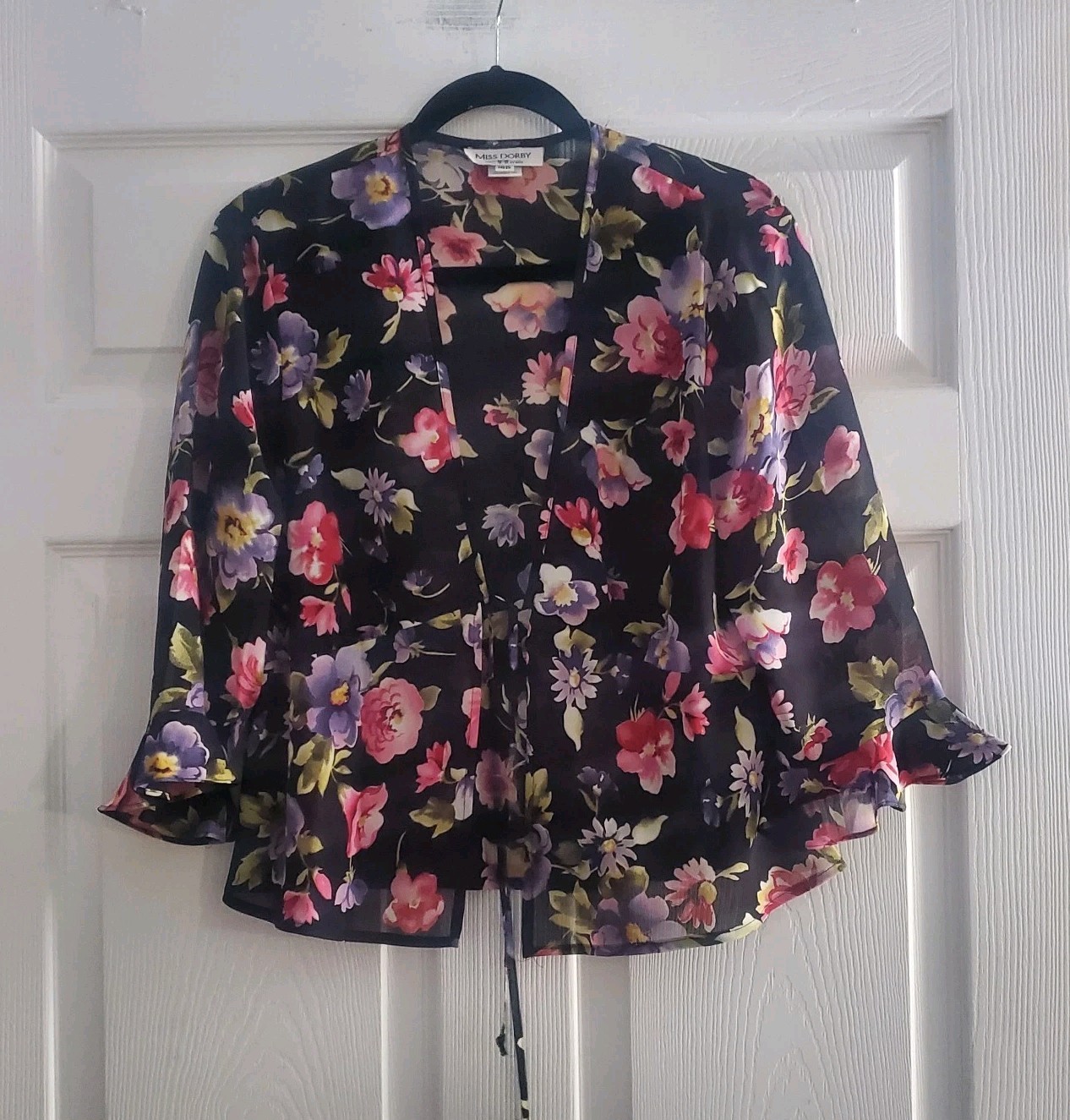 Miss Dorby 16 Petite Black Floral Blouse Semi Sheer Open Front With Tie Peum Hem