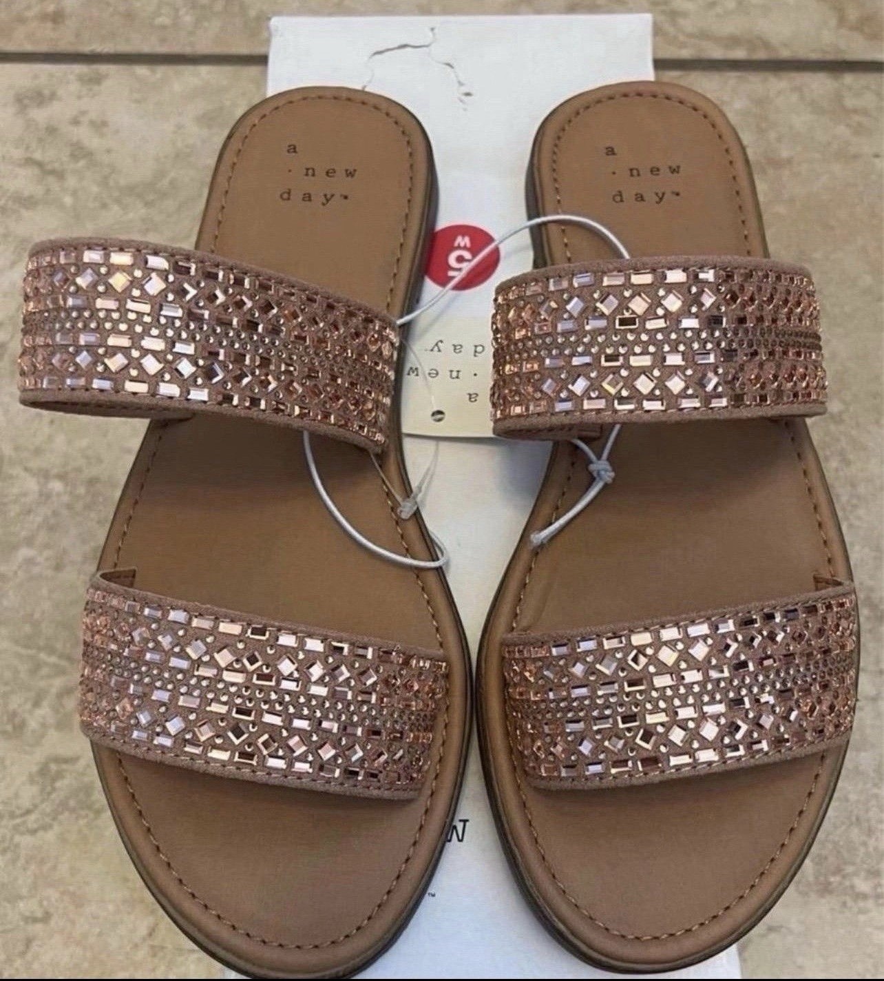 A New Day Women’s Rhinestone Double Strap Slip-On Slide Sandals Brown/Pink 5 W
