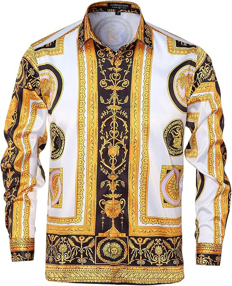 Men’s European Baroque Pattern 3D Printed Shirt Long Sleeve Collar Hawaiian Casu