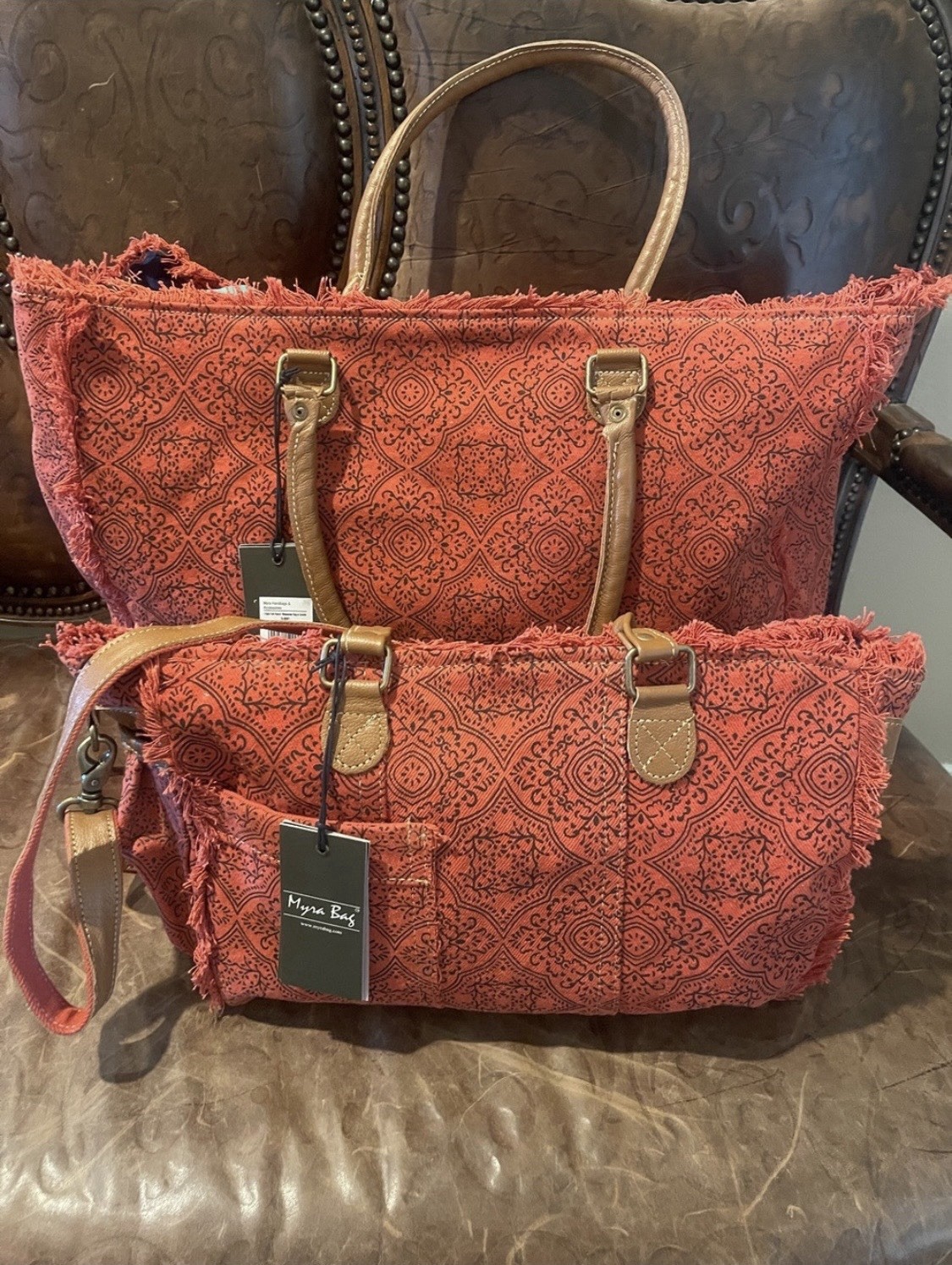 Myra Bag Rust Red Geometric Large Tote with Fringe & Detachable Crossbody Strap