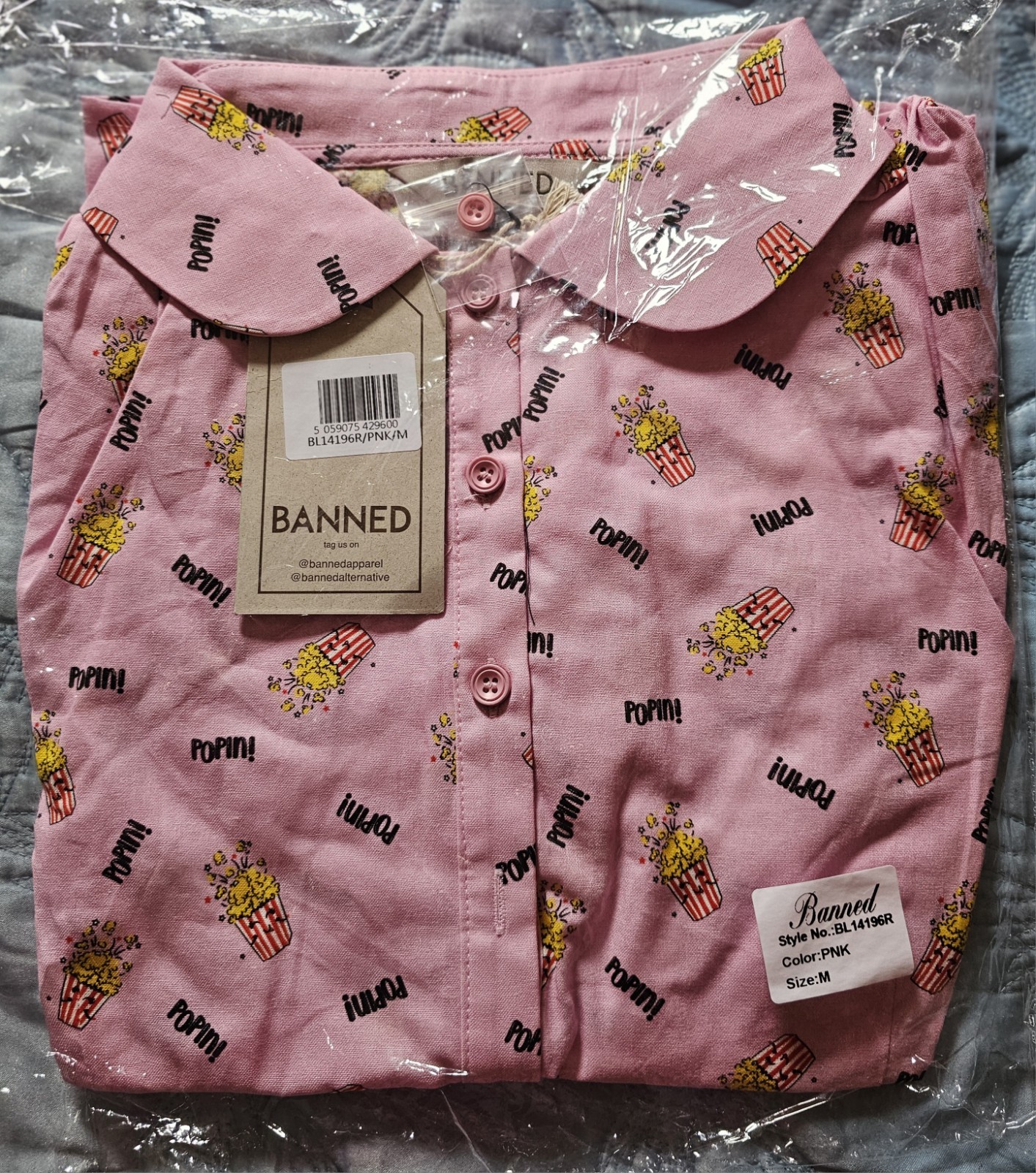 BANNED Apparel Pink Popcorn Womens Blouse. Size M/12. Retro, 1950s, Kitsch. BNWT