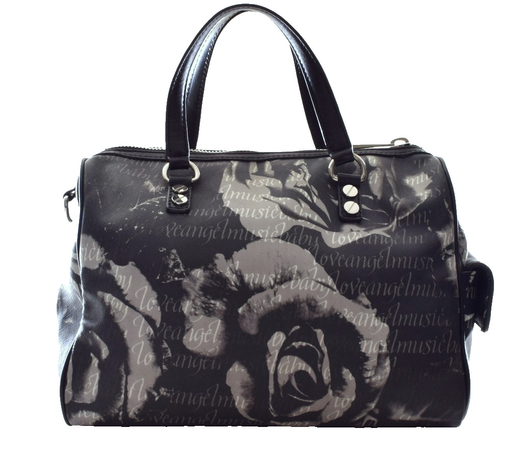 L.A.M.B. Caligraphy Roses LOVE ANGEL MUSIC Small Black White Duffle Bag EUC