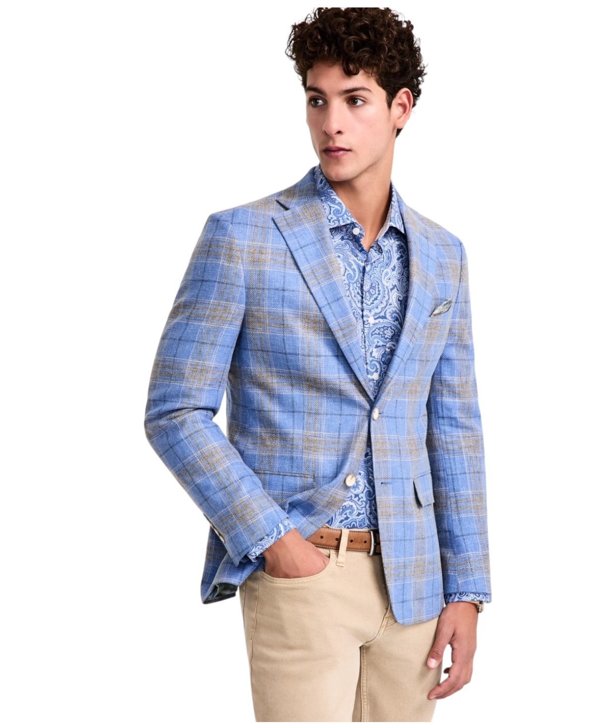 Tallia Mens Slim fit Sport Coat Blazer 48 R Light Blue Beige Plaid