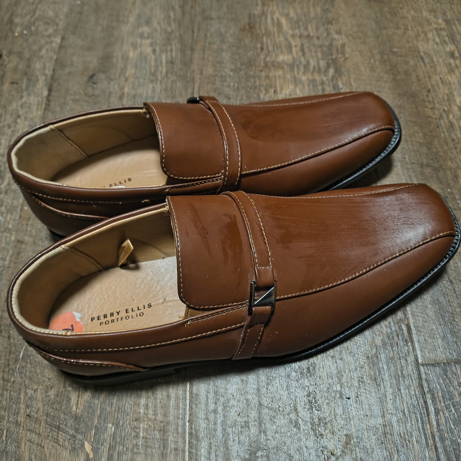 Perry Ellis Portfolio Men’s Brown Leather Monk Strap Buckle Square Toe US 7
