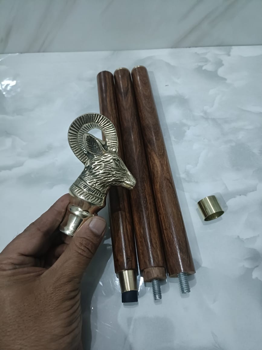 36” Handmade Walking Stick Cane Wood Antique Sword Brass Gold Shape Goat Handle