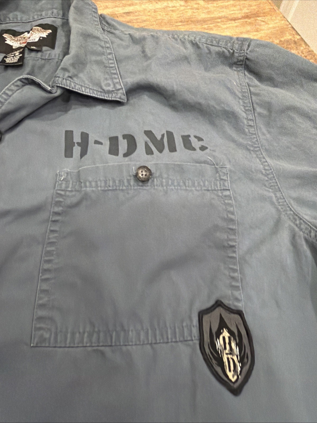 Harley Davidson Blue/grey Button Down Short Sleeve H-DMC Size XL Patch Work