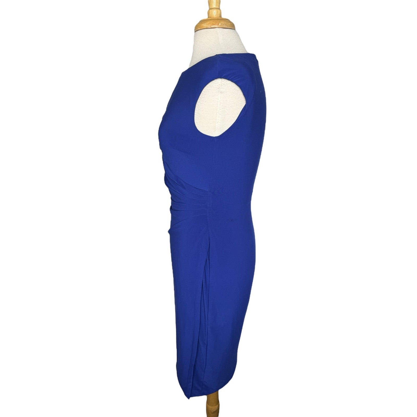 RALPH LAUREN LRL Cobalt Blue Keyhole Gold Logo Faux Wrap Dress Sz 6 Jersey Knit