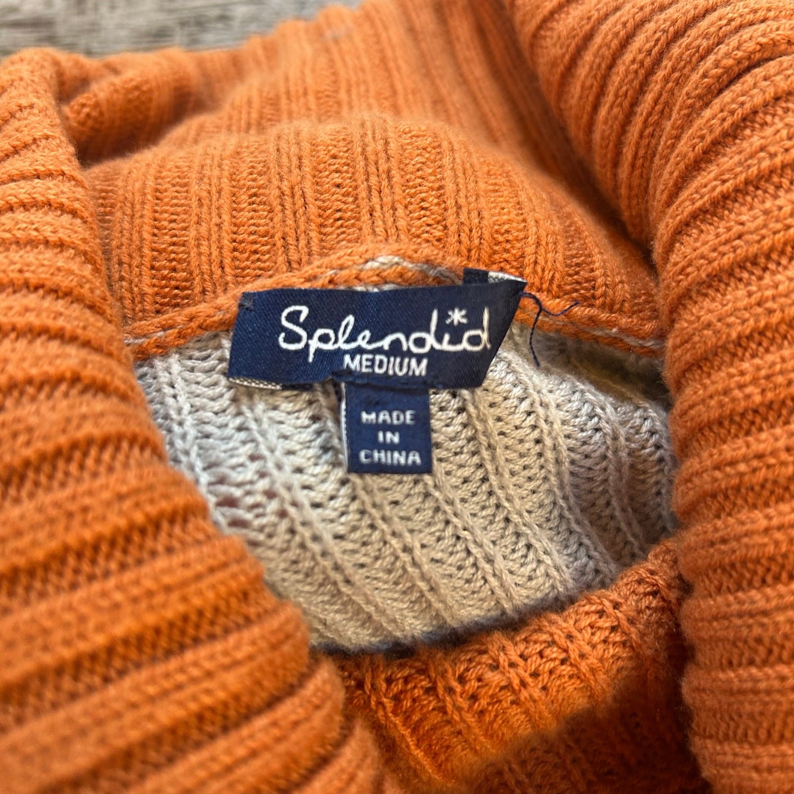 Splendid Colorblock Turtleneck Sweater Beige Orange Navy Cropped Knit Medium