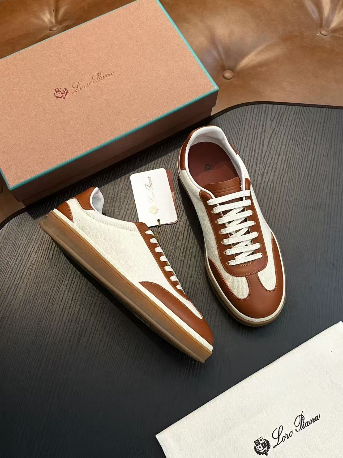 Loro Piana White Canvas and Brown Leather Sneakers Designer Sport Shoes Size 44