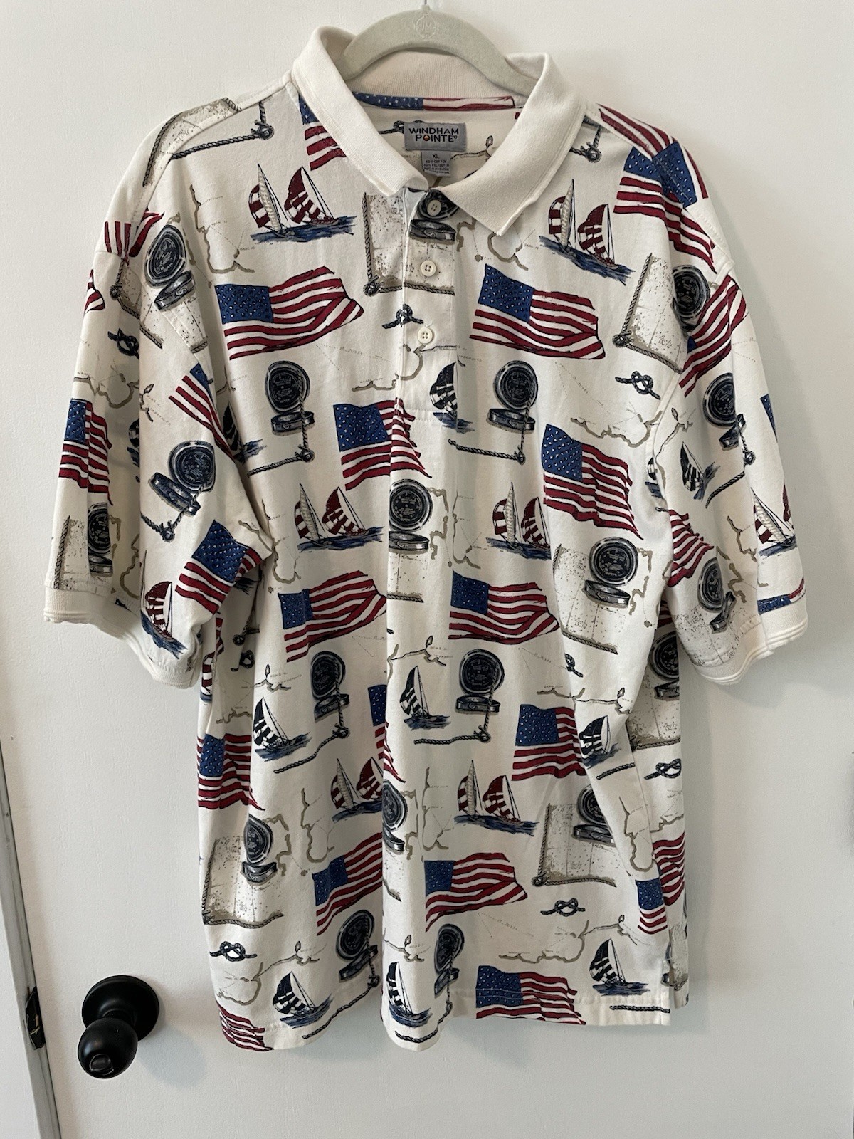 Windham Pointe Polo Shirt Mens XL USA Flag Compass Sailboat Polo Vintage 0107