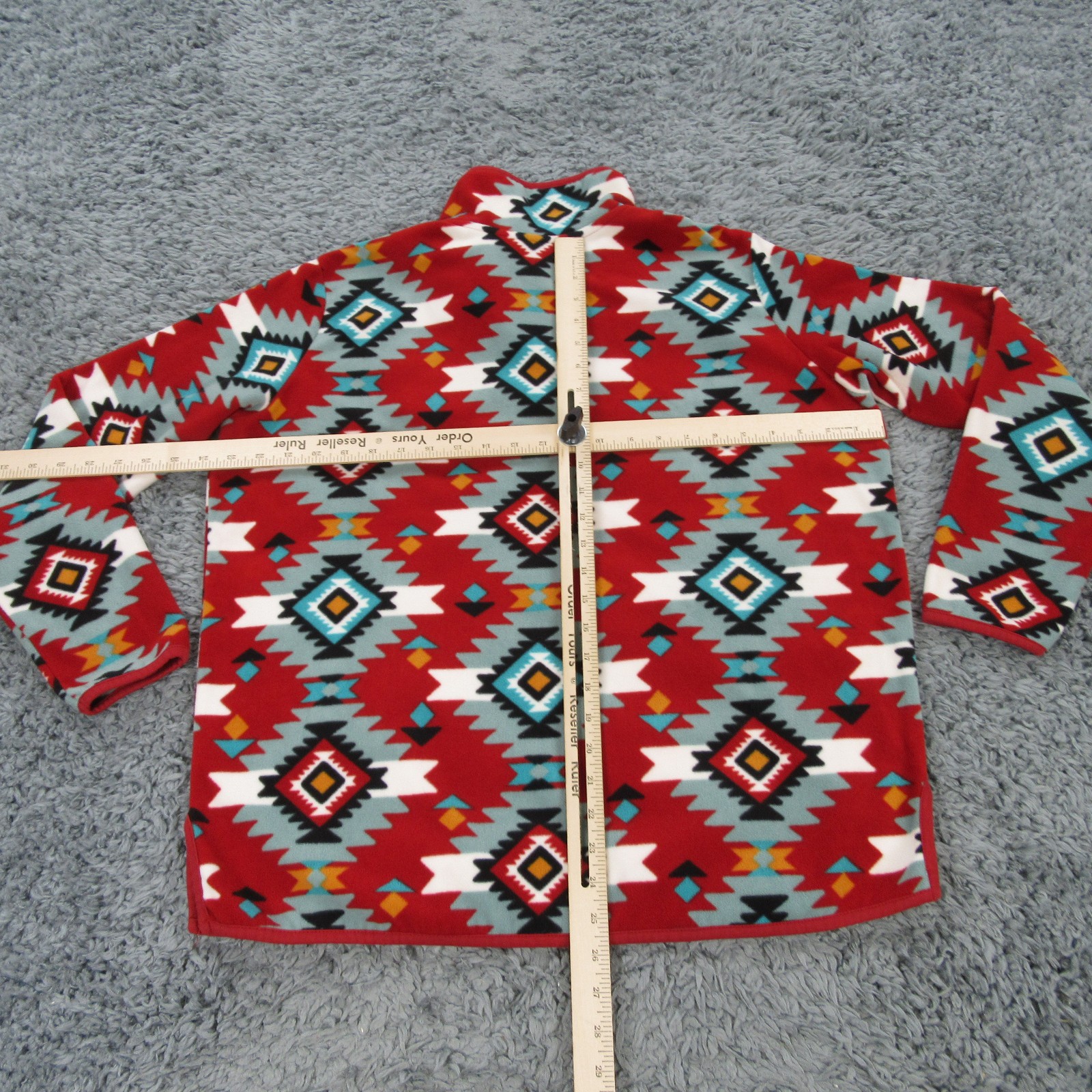 Wrangler Retro Sweater Mens Large Red Aztec Geometric Fleece 1/4 Zip Pockets