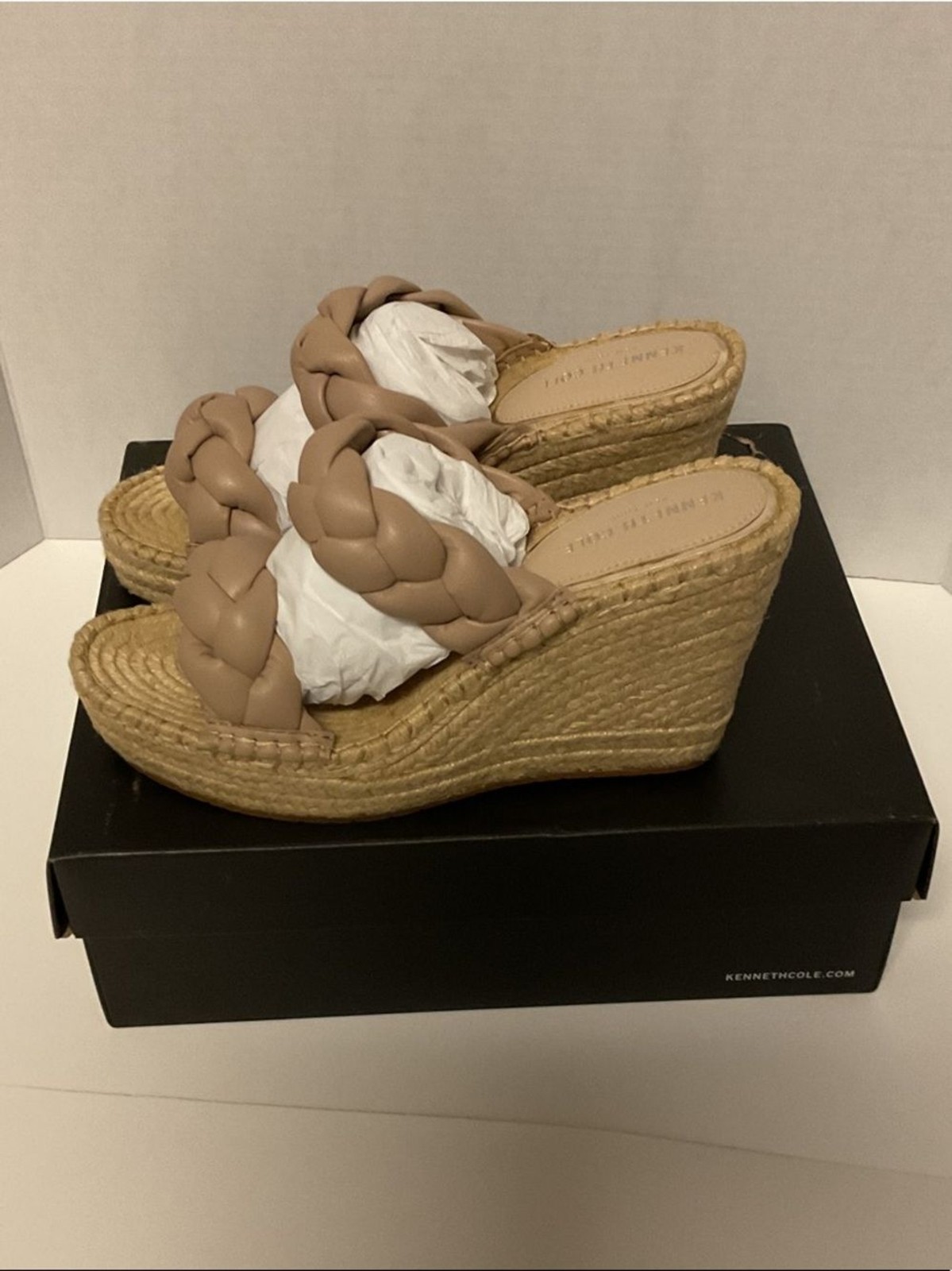 Kenneth Cole Tan Braided Double-Strap Espadrille Wedge Slides