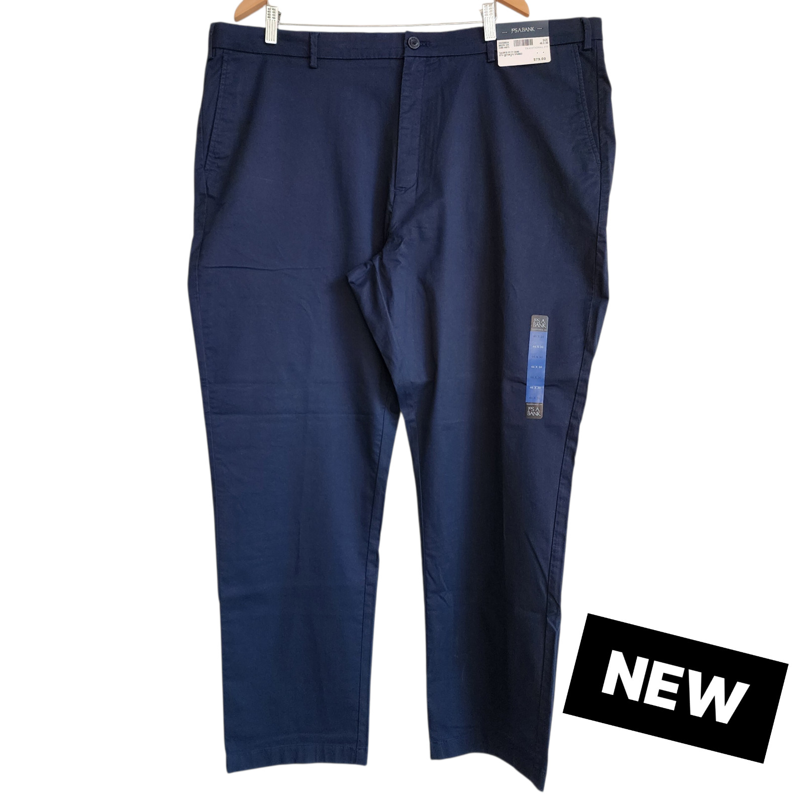46×30 Navy Chinos Jos A Bank Cotton Traditional Fit Pants New Flat Front Classic