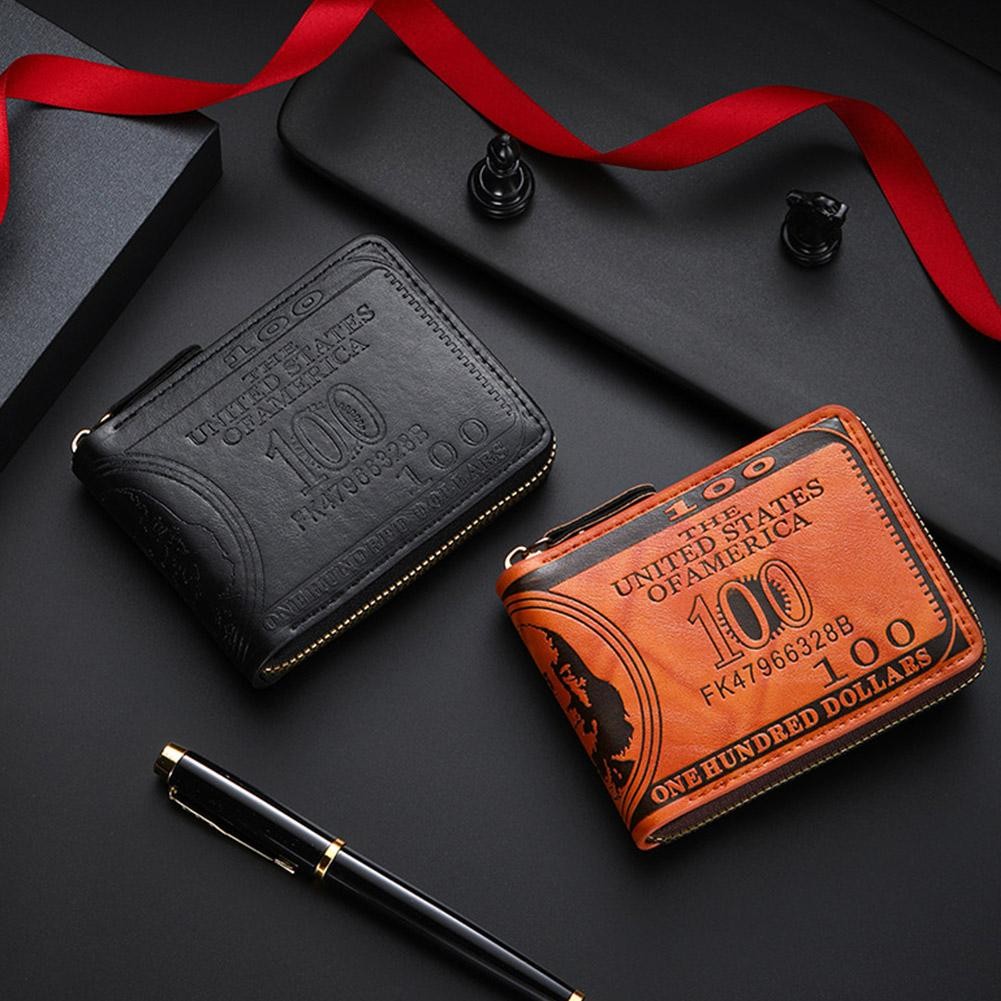 Men’s Wallets with 100 US Dollar Pattern Hasp Male Leather Wallet with Zipper