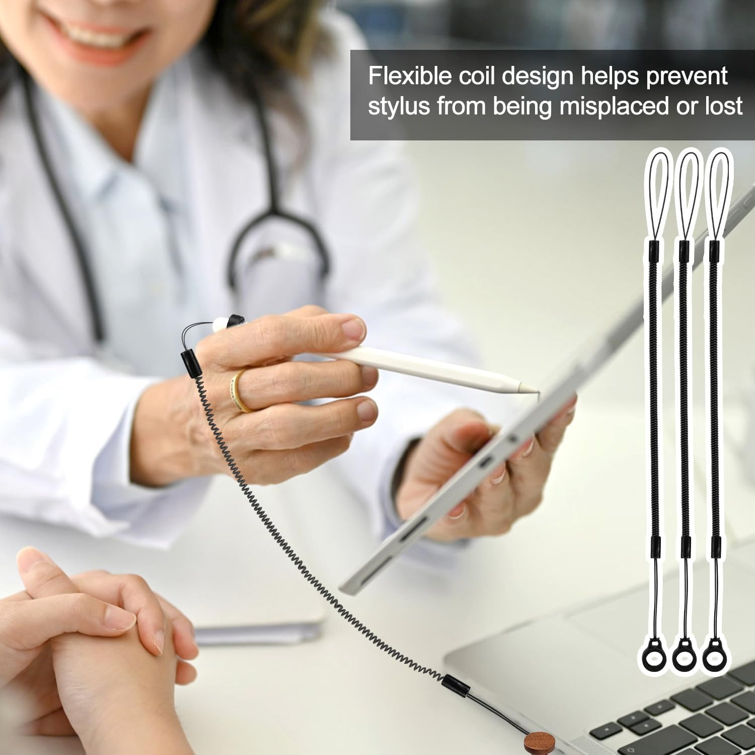 10pcs Pen Lanyards, Elastic Lanyard Tether with Silicone Rings Retractable Stylu