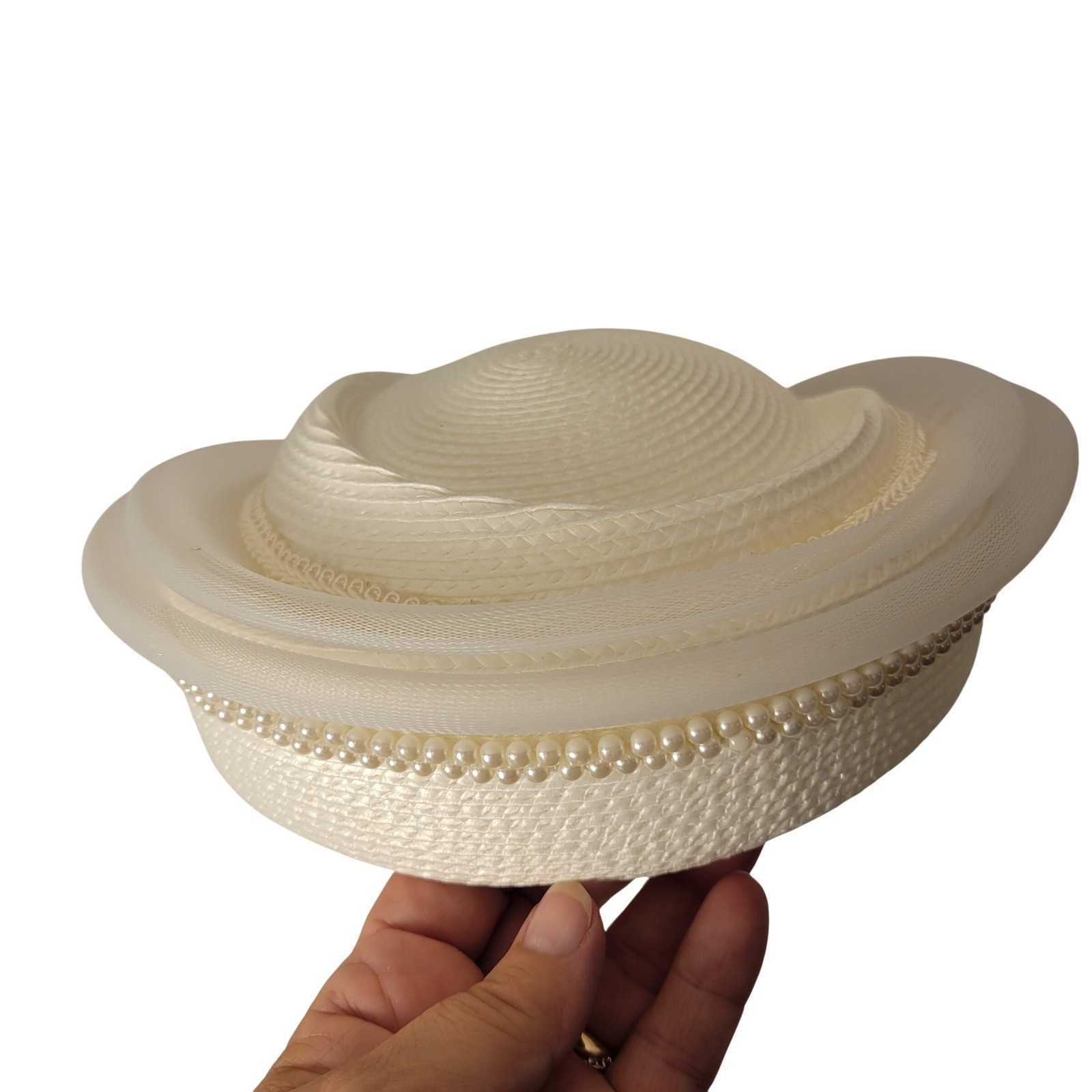 Mr. Hi’s Classic Pillbox Hat Women Ivory White Pearl Butterfly Mesh Bow Tulle