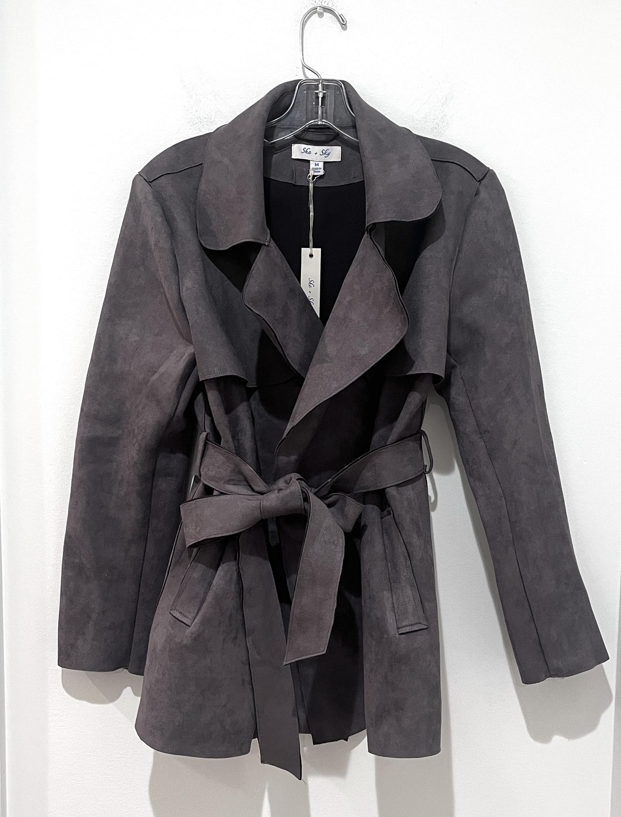 New She + Sky Coat Womens Medium Grey Faux Suede Knit Short Trench Jacket
