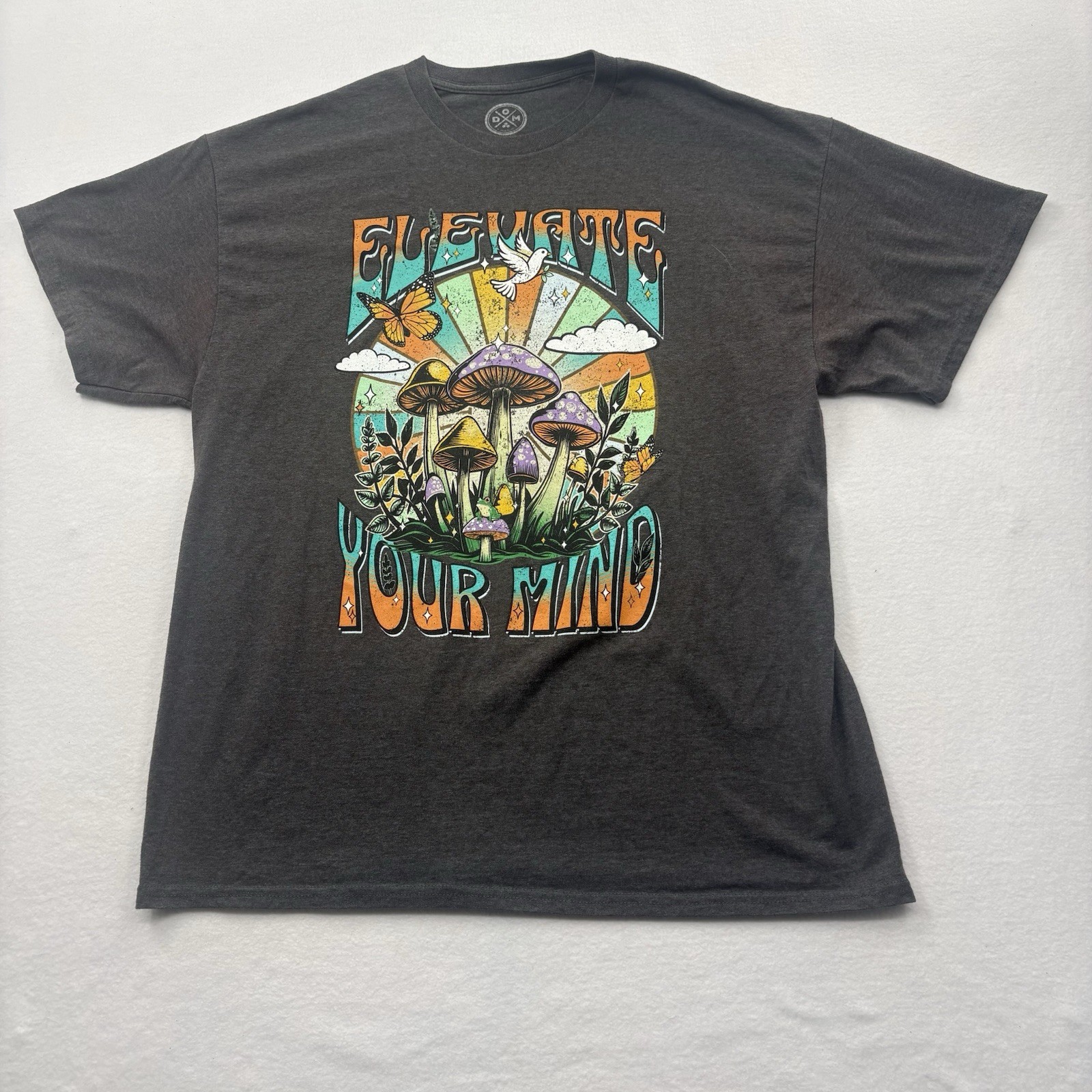 Elevate Your Mind XL Mushroom Graphic T-Shirt Gray Psychedelic Retro Tee