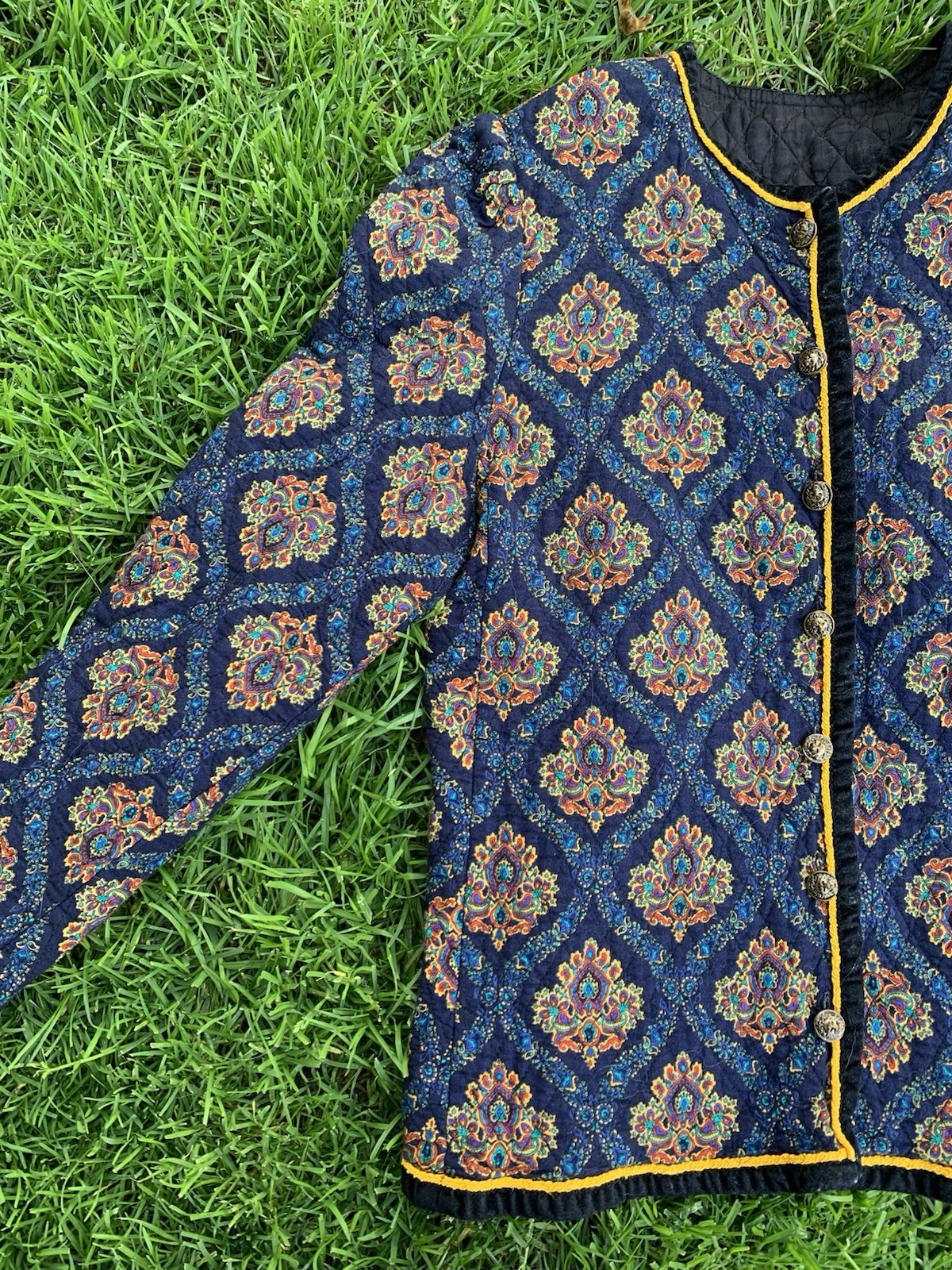 Women’s Blue Paisley Jacket, Button Front, Lined, Yellow Trim