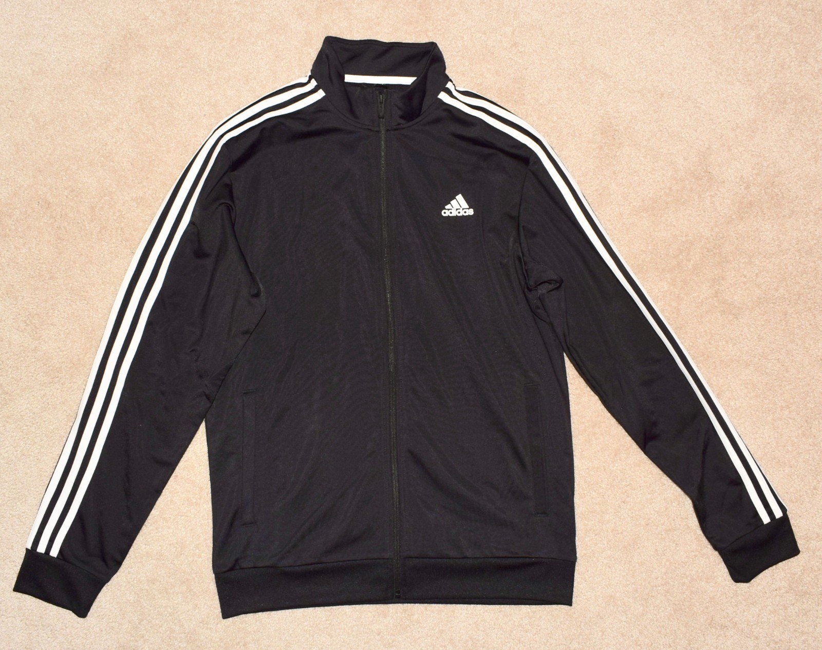 New Mens Adidas Track Jacket Medium Black Zip Front Regular Fit Long Sleeve