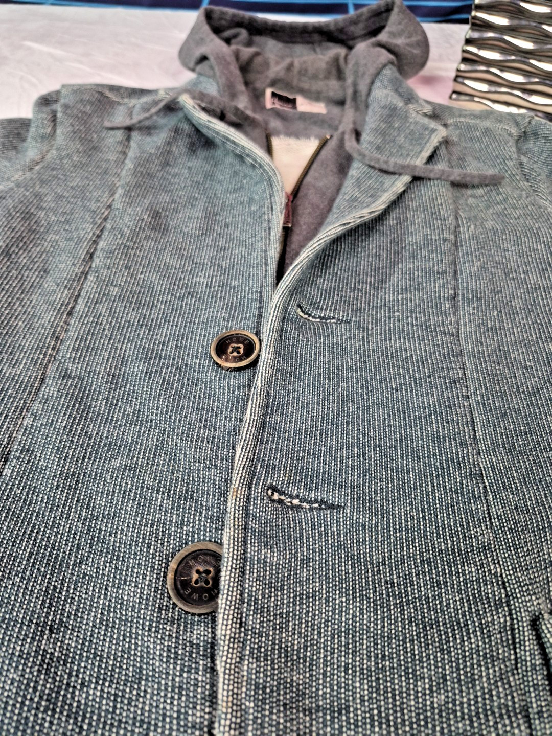 HOWE DISTRESSED COTTON BLEND SOFT TEAL FULL ZIP HOODIE BLAZER SIZE LARGE
