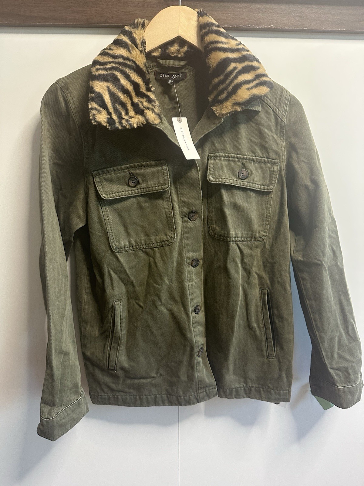 Dear John Olive Animal Print Collar Button Jacket XS Women, Pockets