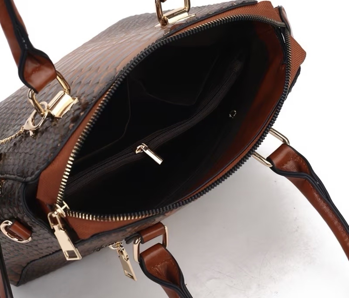 Snake Embossed Brown Satchel Top Handle Bag Zip, Tassel, Detachable Strap