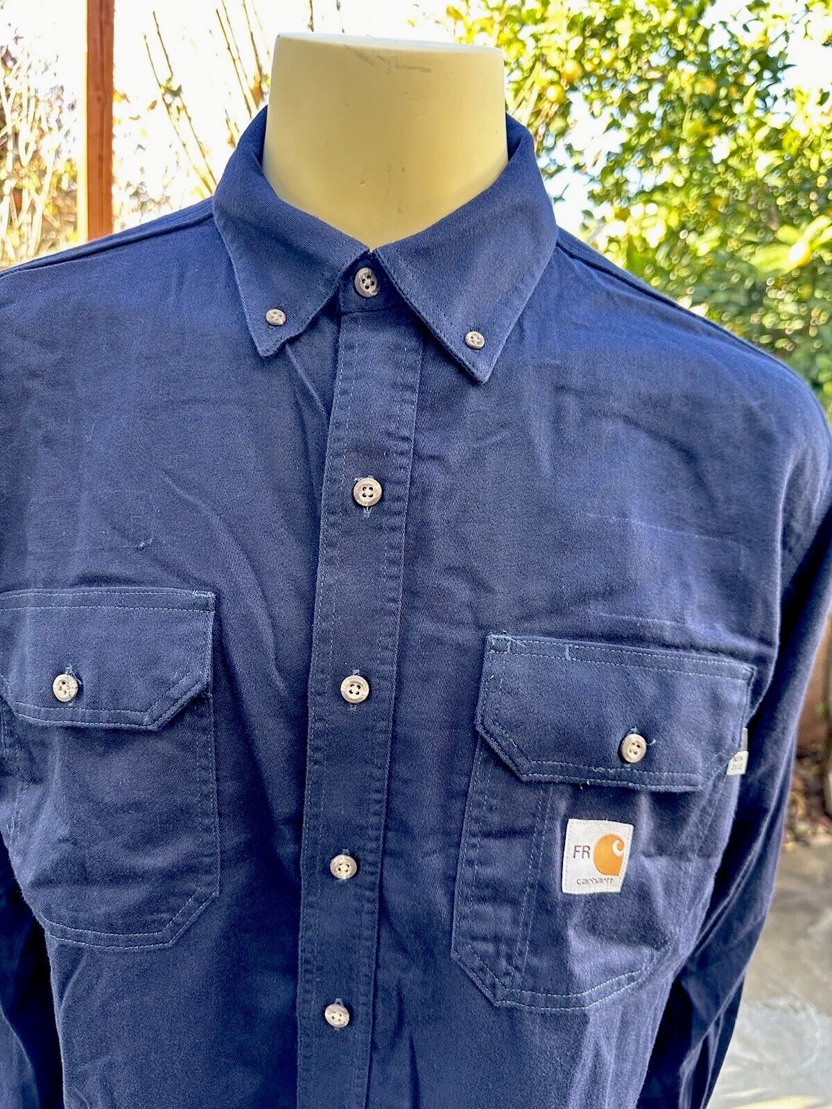 2 Carhartt FR Button Down Navy Blue Cotton Work Shirts Large RG CAT 2 NFPA 2112