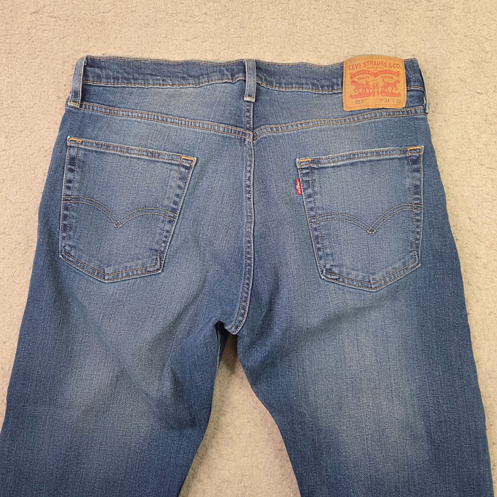 Levi’s 513 Slim Straight Jeans Mens 34×29 Medium Wash Stretch Casual Whi8skered