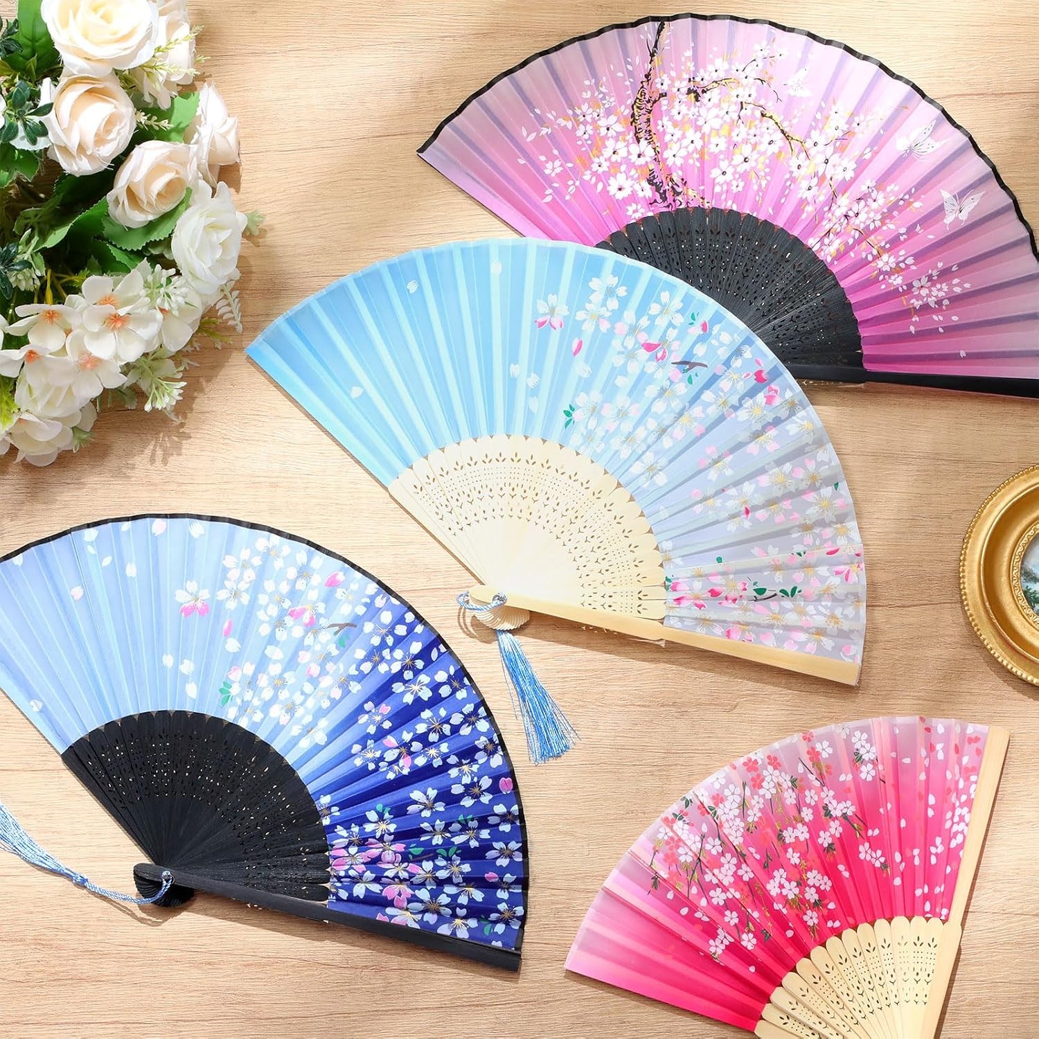 4 Pack Handheld Floral Folding Fans Hand Held Silk Bamboo Fans with Tassel(Chic)