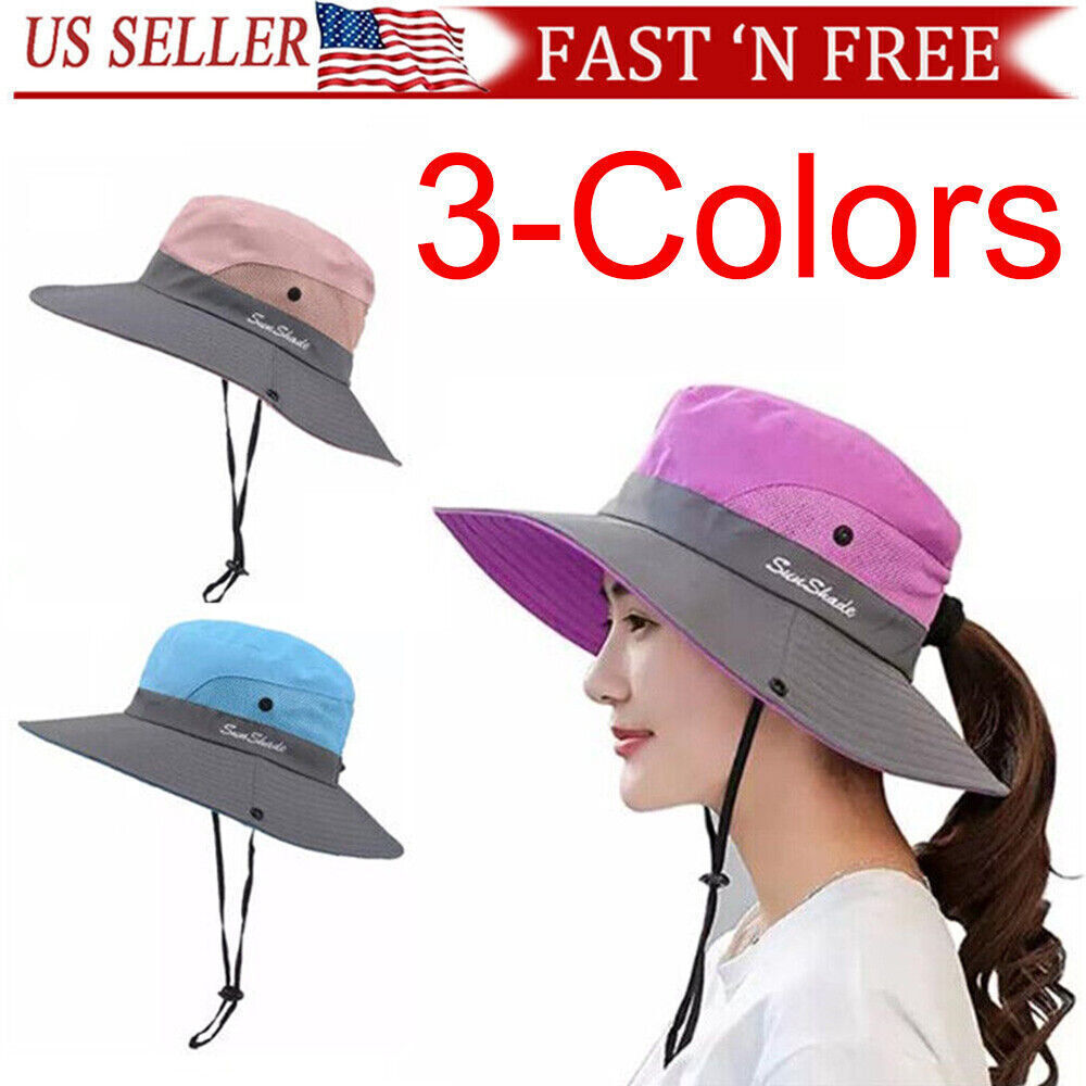 Women’s Summer Bucket Hat Sun UV Ponytail Wide Brim Boonie Protection Travel Cap