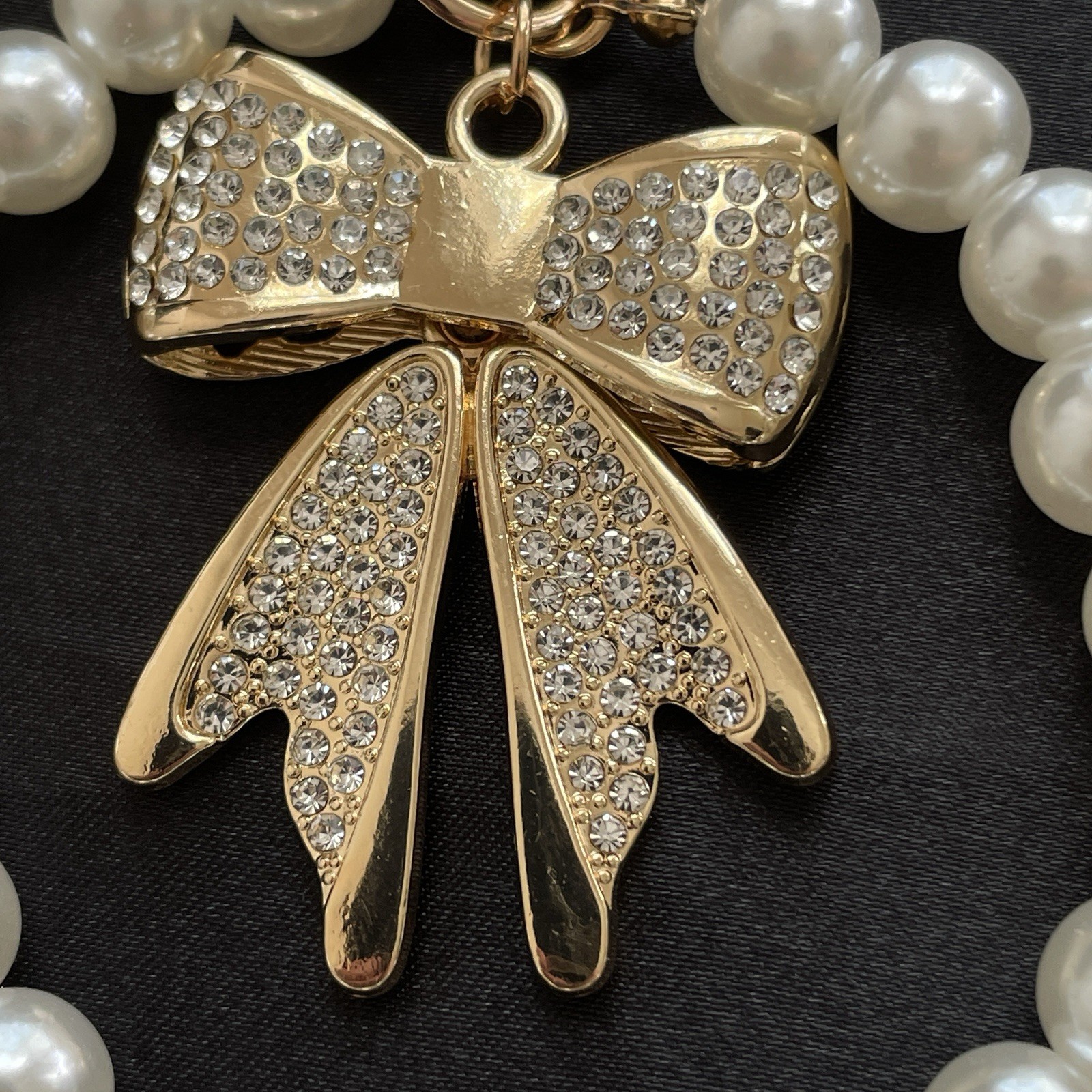 Coquette Pearl Bow Bag Charm Keychain Gold Tone Rhinestone Purse Accessory