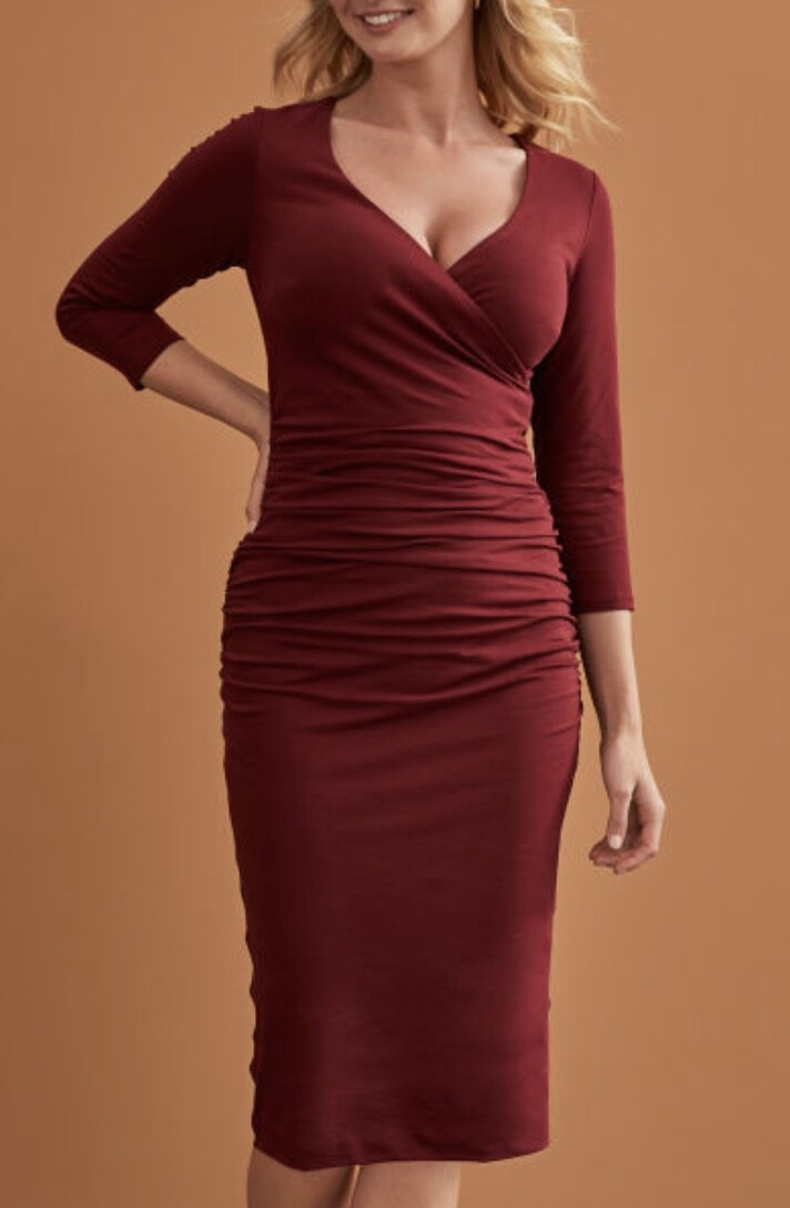 BRAVISSIMO Dress Leila Red 3/4 Sleeve Ruched Evening Party Midi Dress