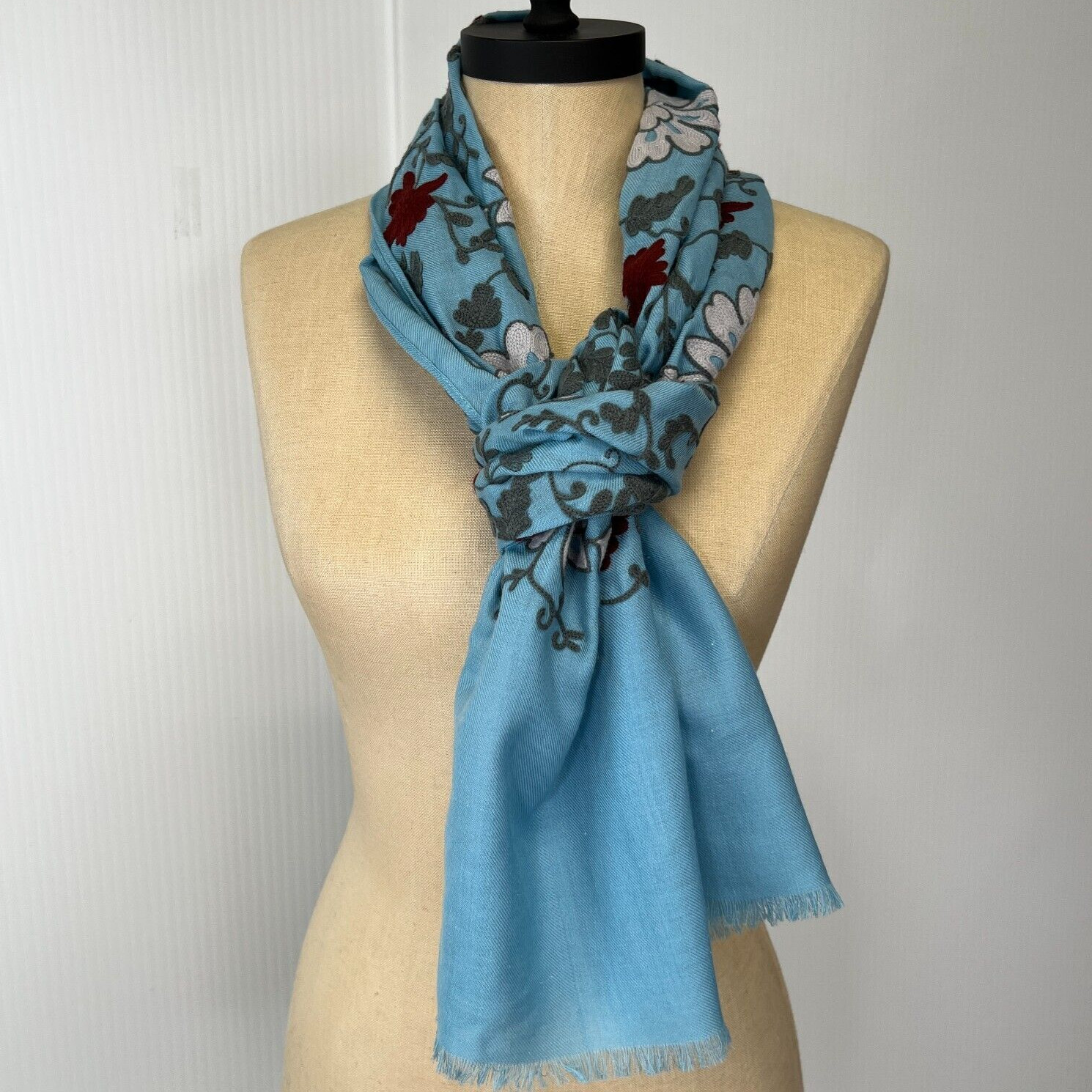 Floral Scarf Women 60.5×12.75 Wool Silk Casual Shawl Fringe Resort Work Party Ex