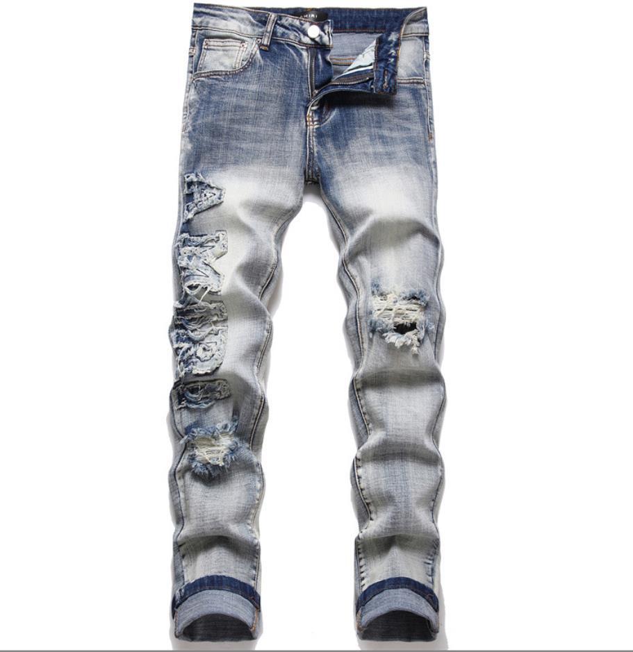 Men’s Light Blue Denim Jeans Ripped Casual Punk Hip Hop Pants Trousers Stretch