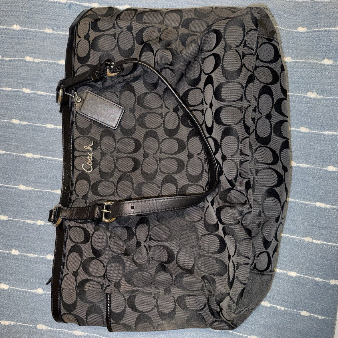 Coach Gray Black Signature Logo Shoulder Bag Zip Closure Large Silver Hardware