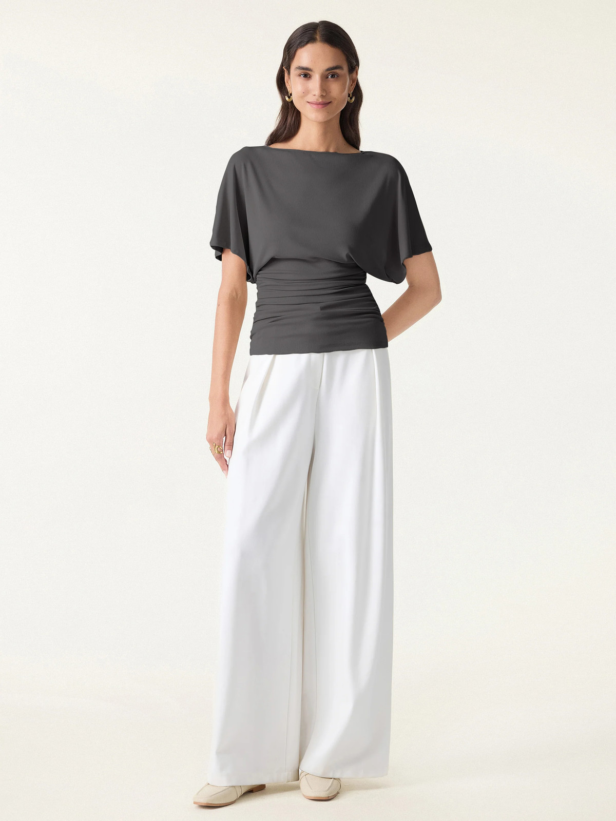 Effortless Boatneck Batwing Sleeve Side Ruched Top-OGLmove|118604
