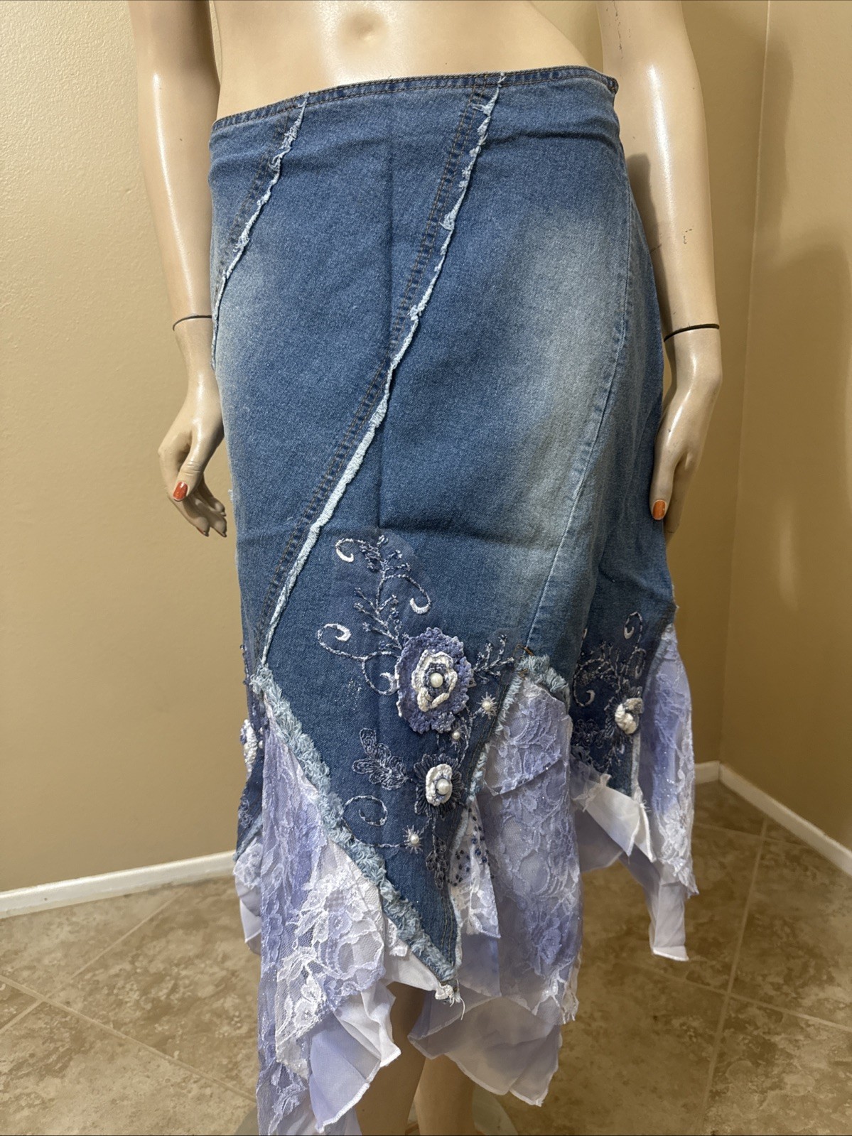 Women’s Blue Denim Cotton Casual Boho Hippie Zipper Size XL(10-12) Skirt 3001