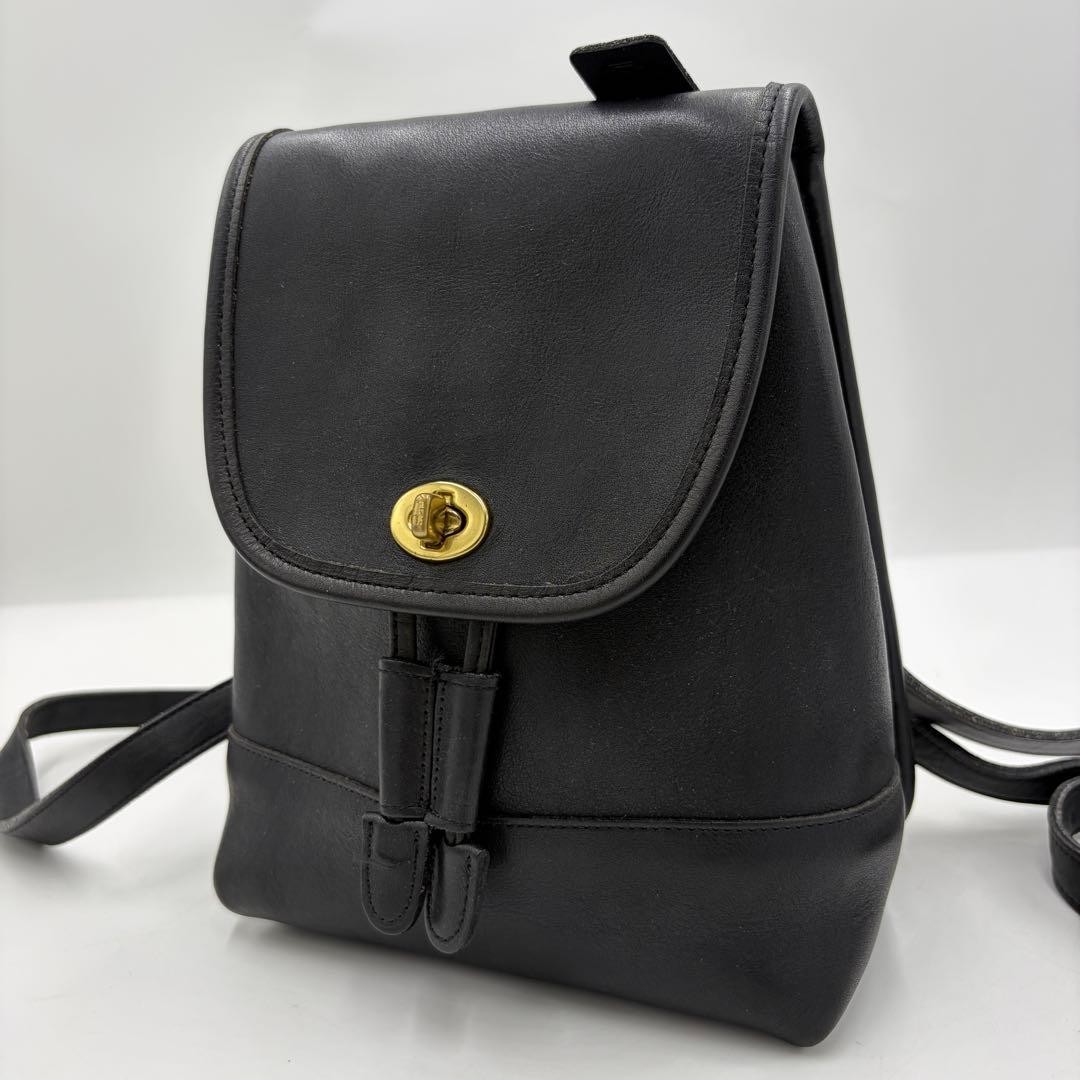 Vintage COACH Turn Lock Drawstring Backpack Rucksack Leather Black From Japan
