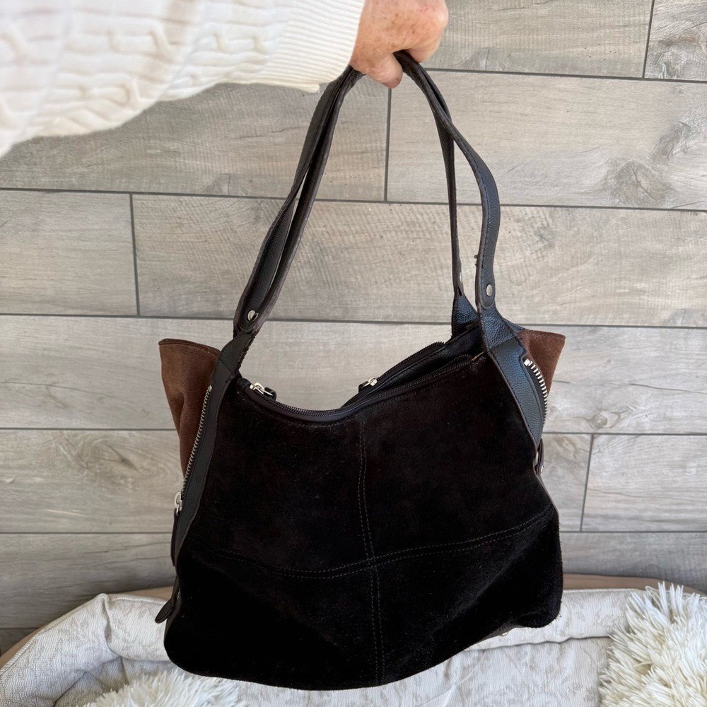 Tignanello Y2K Black Brown Zipper Suede Leather Hobo Womens Shoulder Handbag EUC