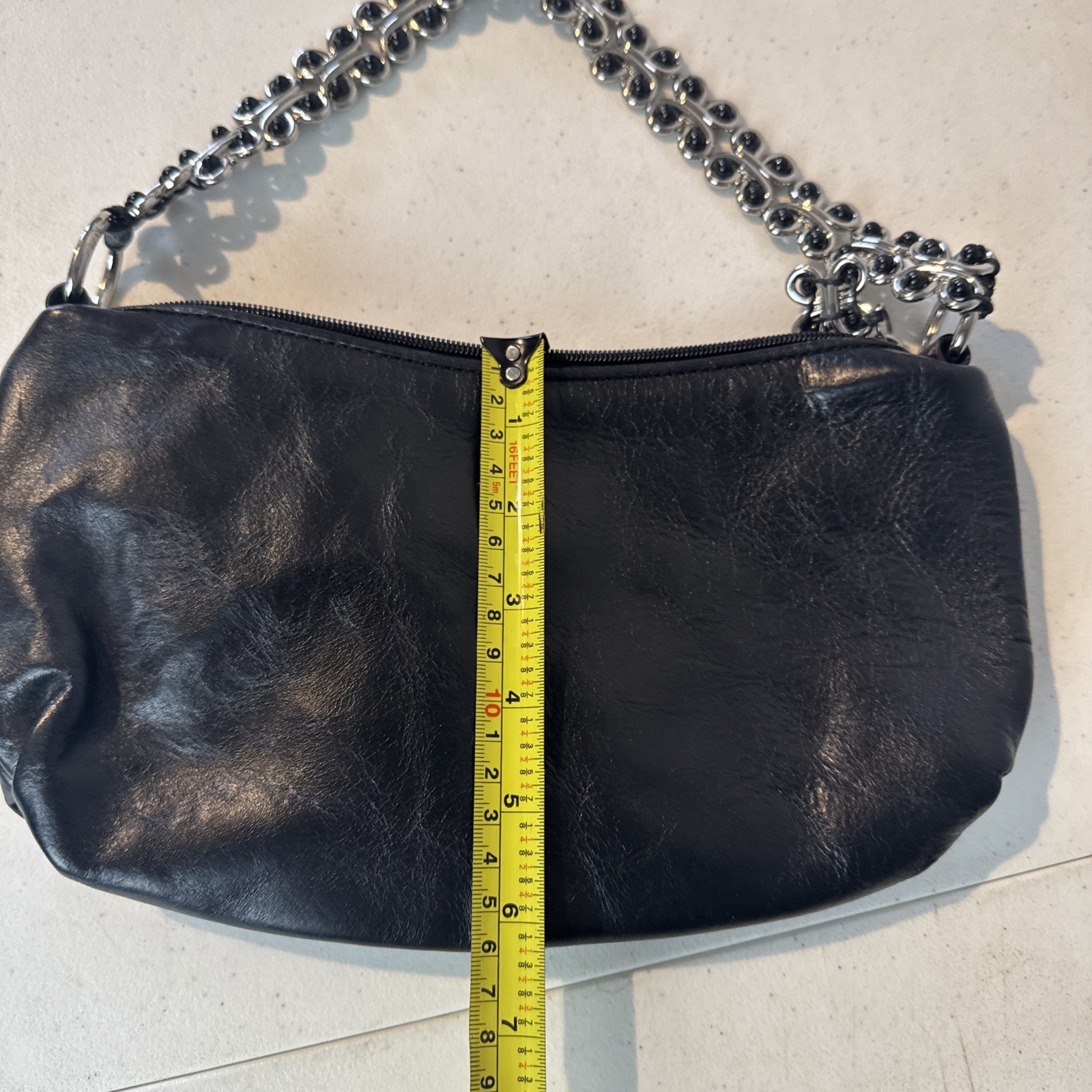Elliott Lucca Black Leather Hobo Handbag Silver Tone Chain Strap Zipper