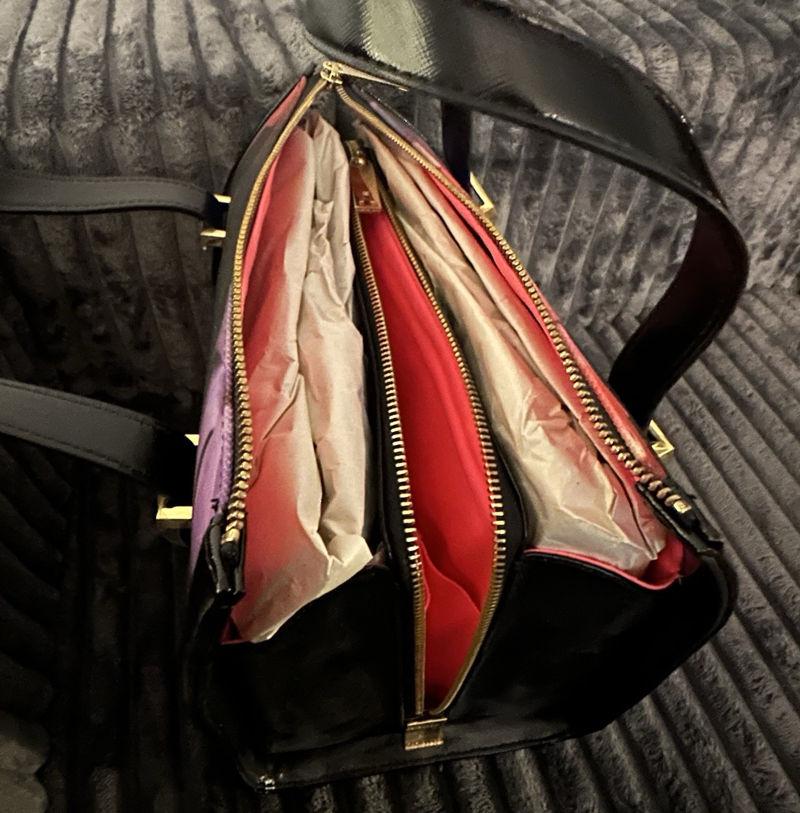 Ted Baker Floral Print Tote Satchel Handbag Black Patent Trim Gold Hardware