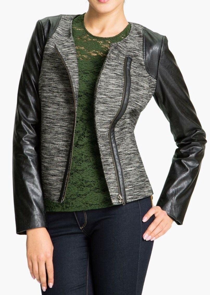 Trouvé Womens Faux Leather Sleeve Tweed Motorcycle Jacket Gray/Black Size Small