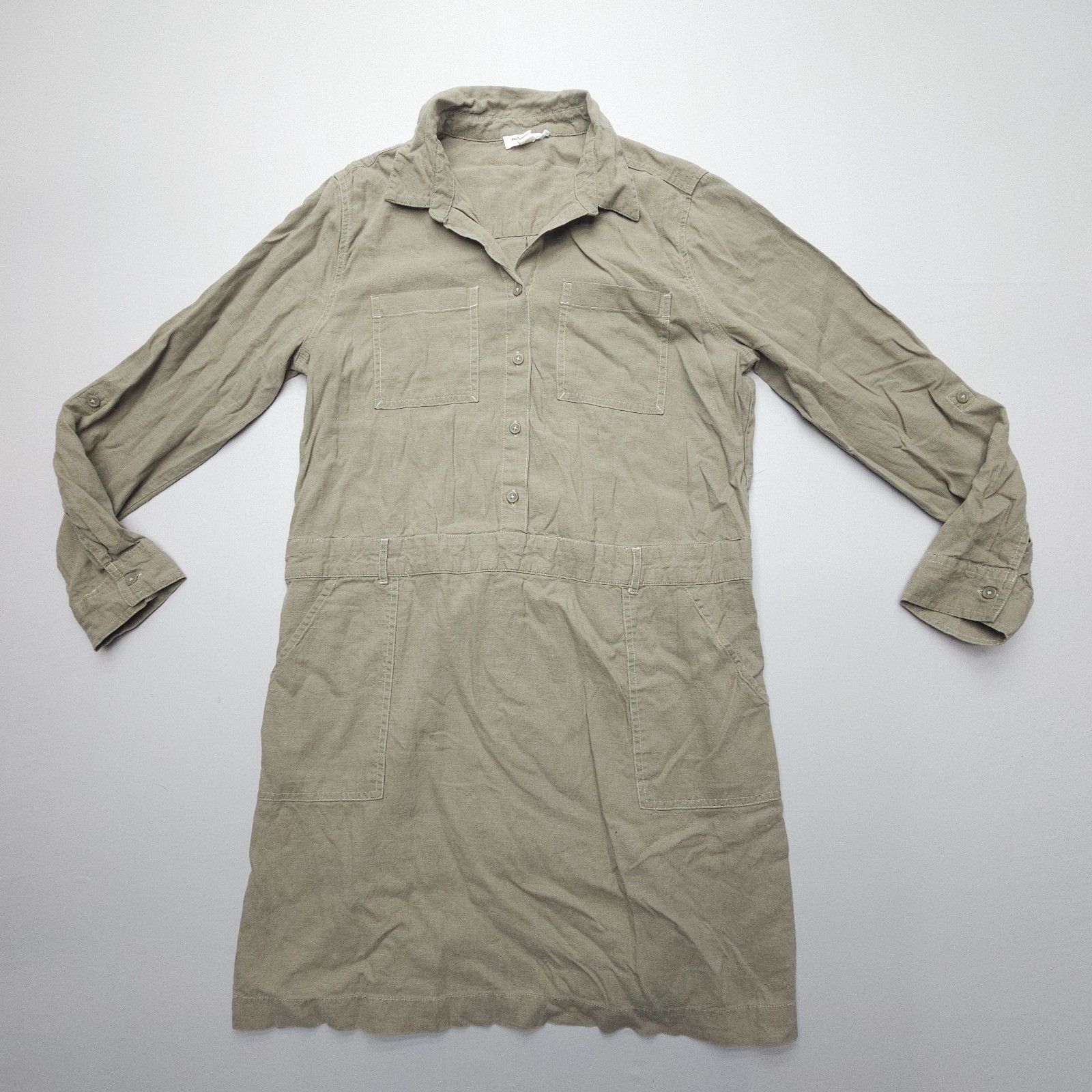 Beach Lunch Lounge Utility Shirt Dress Size Large Green Linen Blend Roll Tab